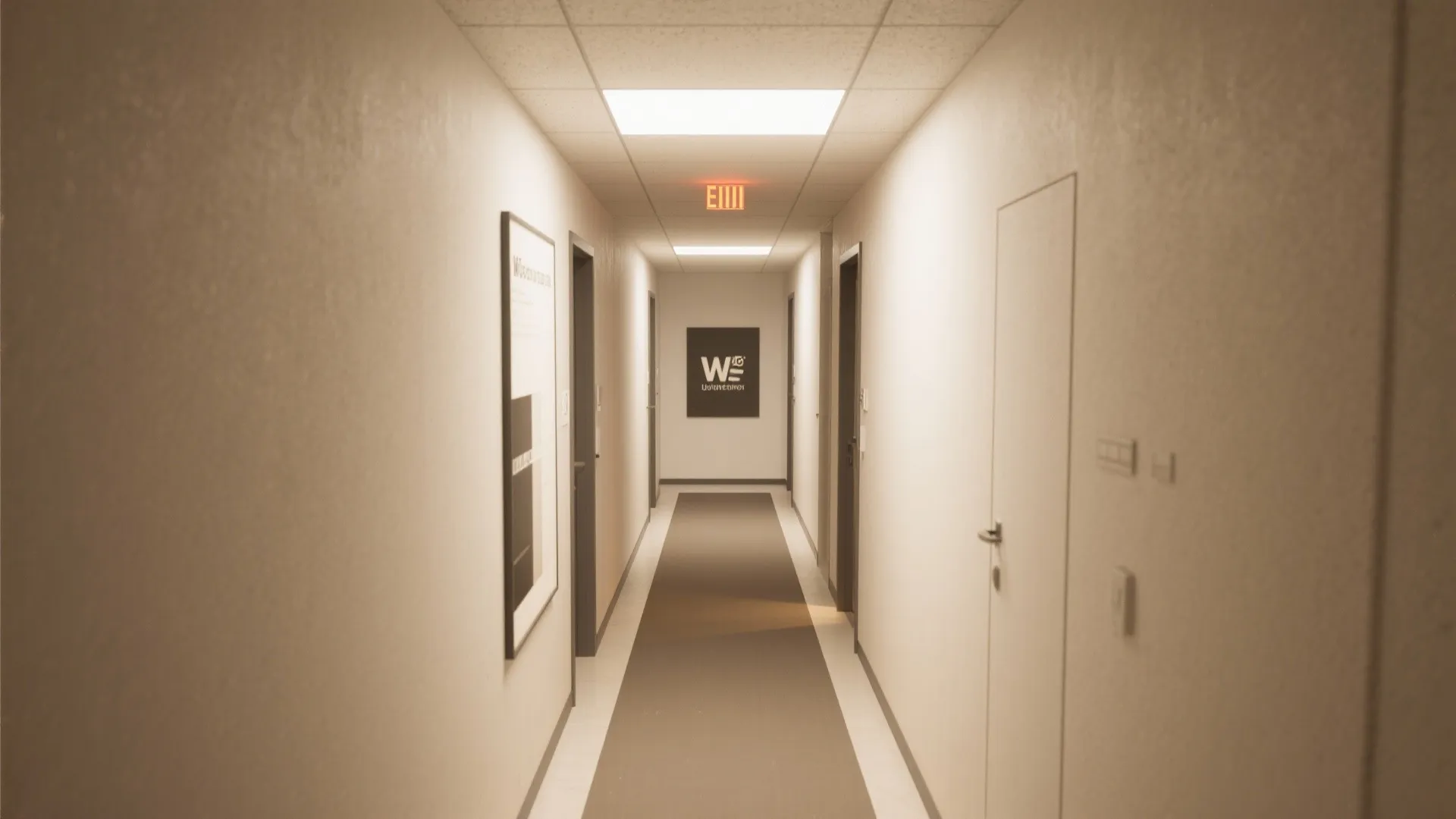 Long office hallway with white walls doors ceiling lights exit sign and a logo poster