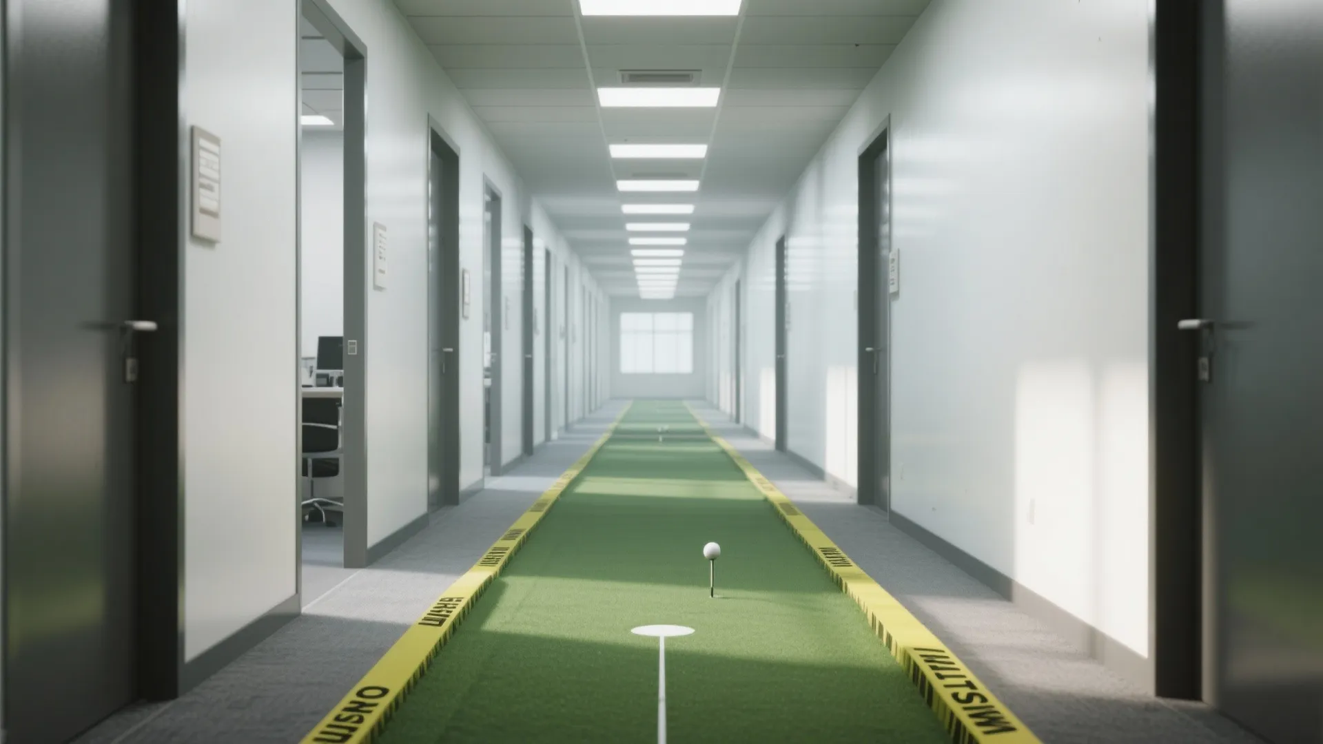 Modern office hallway featuring a long green grass putting green floor with a golf ball