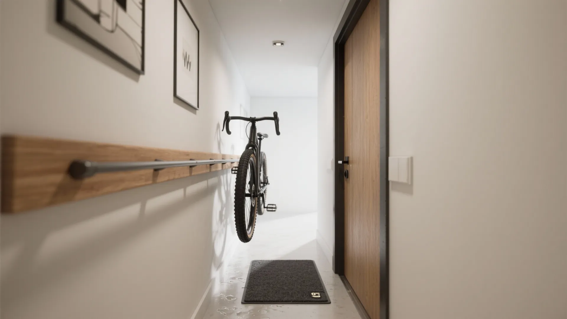 Black bicycle hanging on wooden wall rail inside white modern hallway with door and mat