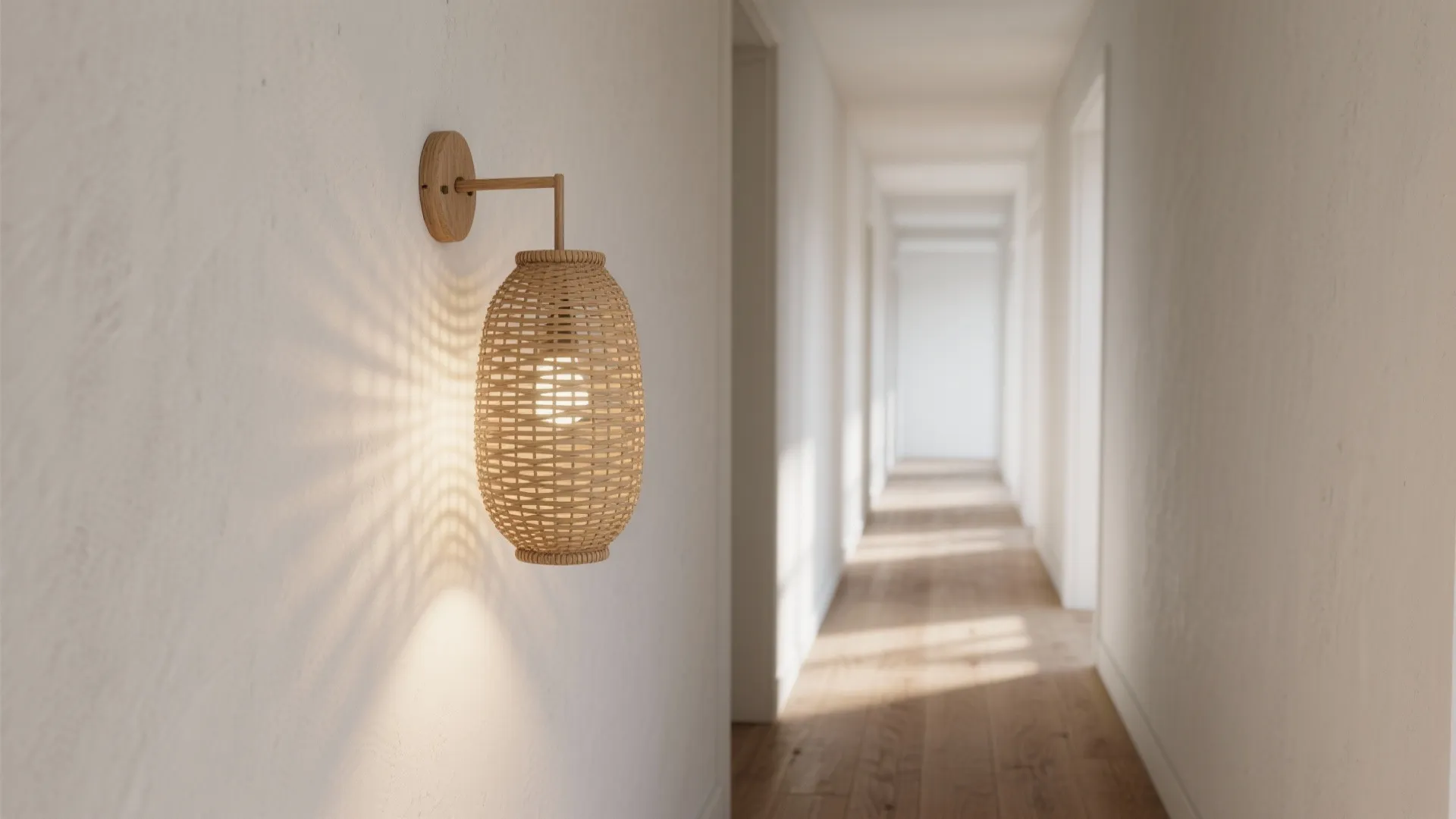 Narrow hallway with a slim rattan sconce casting delicate woven shadows.