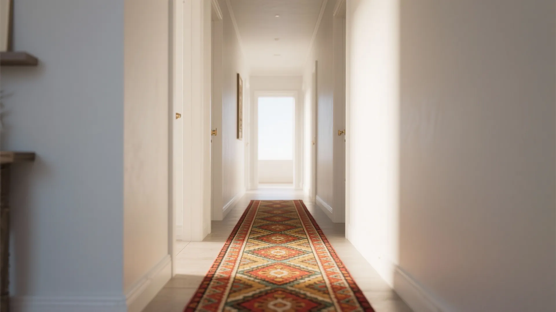 Long white hallway with a colorful rug on wooden floor leading to a bright window