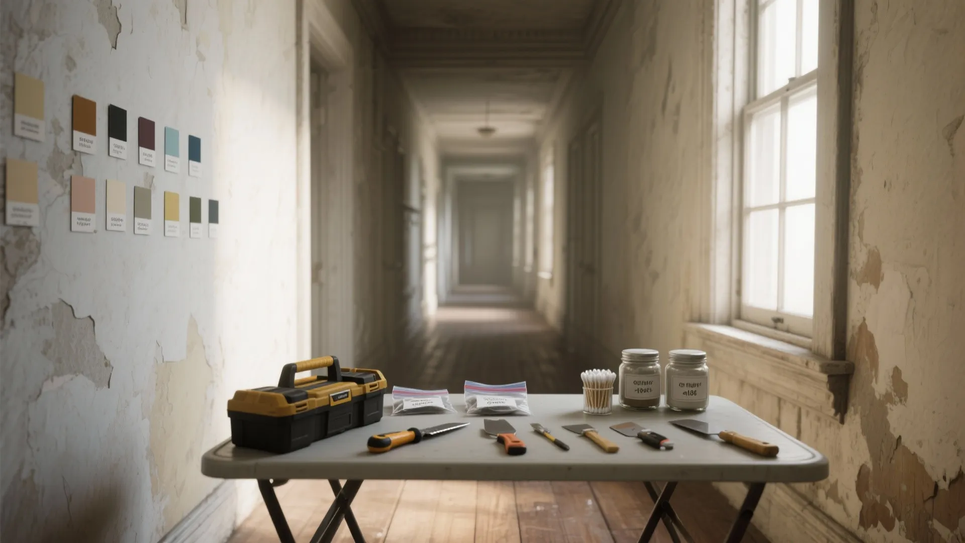 Table with repair tools and paint samples in old hallway during home renovation project interior