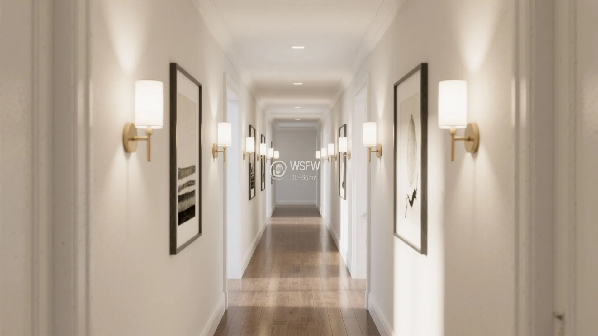 Long hallway featuring multiple white wall lights framed art pieces and dark wood floor boards