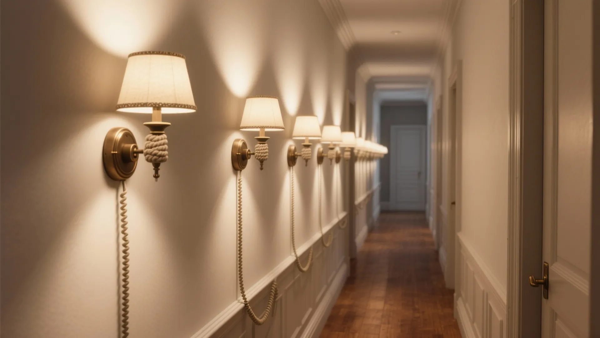 Warm hallway lit by multiple decorative plug-in sconces with fabric-covered cords along the baseboard.