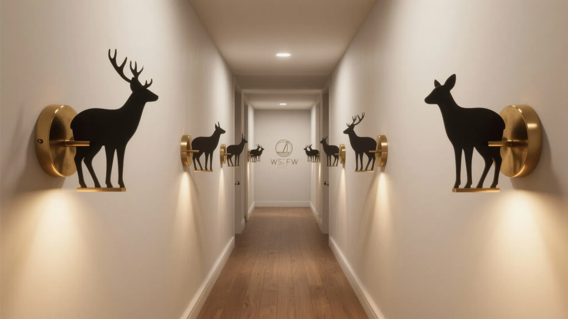 Narrow hallway lit by brass and matte-black animal silhouette sconces mounted at consistent heights.