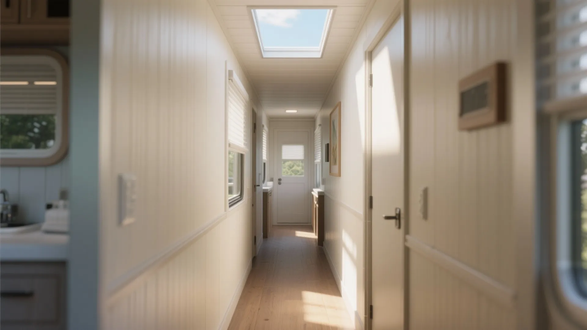 Bright narrow hallway with white wall panel design wood flooring and a square ceiling roof window