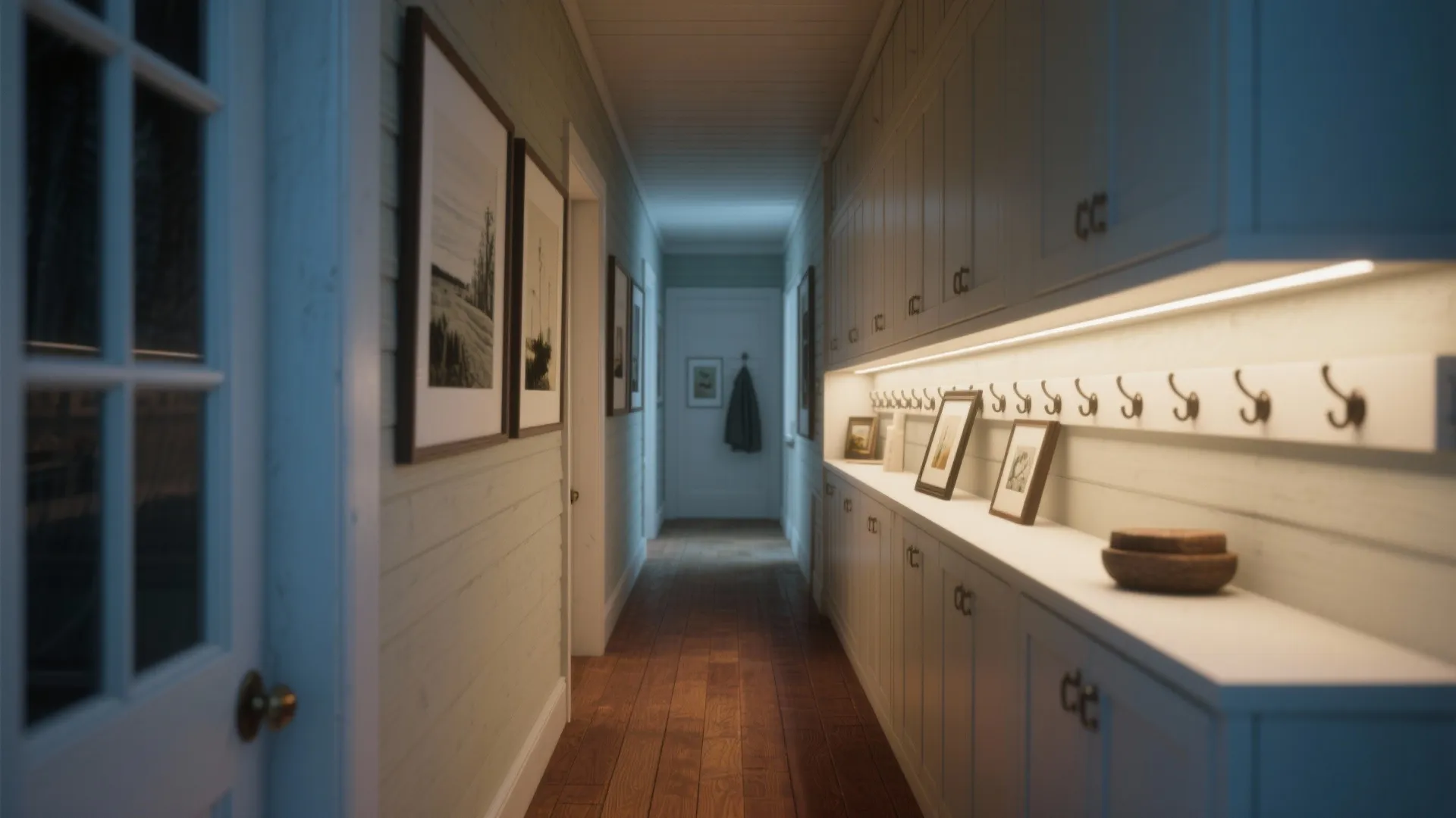 Hallway with shallow storage cabinets, coat hooks and a picture rail gallery