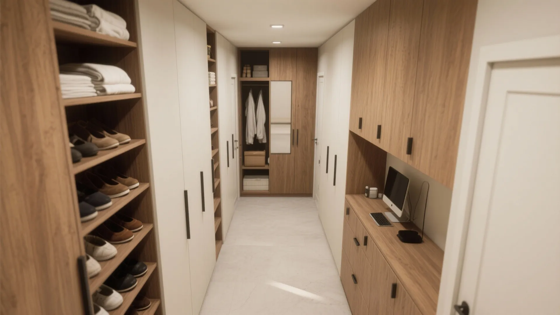Narrow hallway featuring wooden storage cabinets shoe racks a small desk area and bright white doors