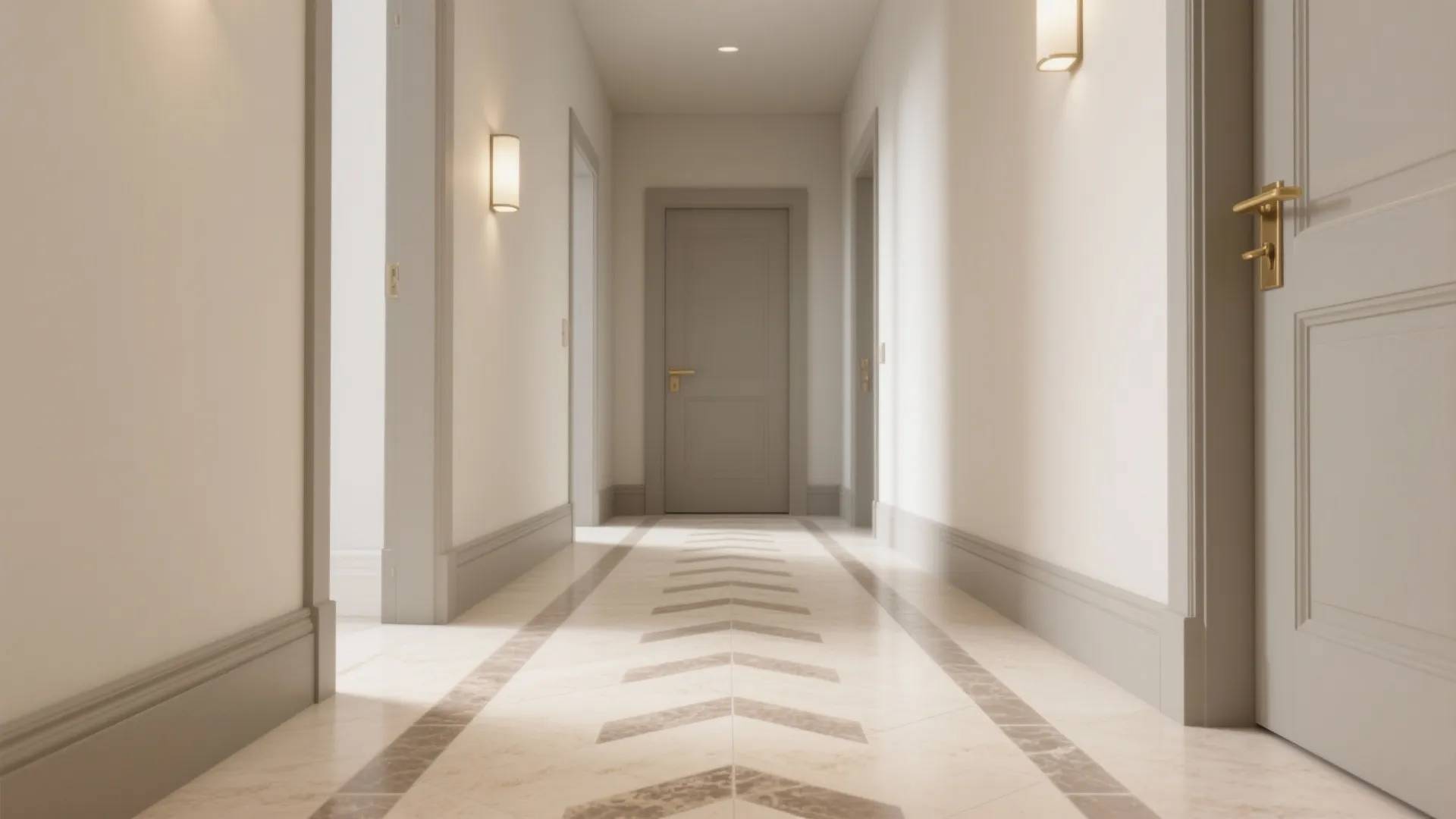 Modern hallway with white walls grey doors wall lights and decorative arrow pattern tiled floor