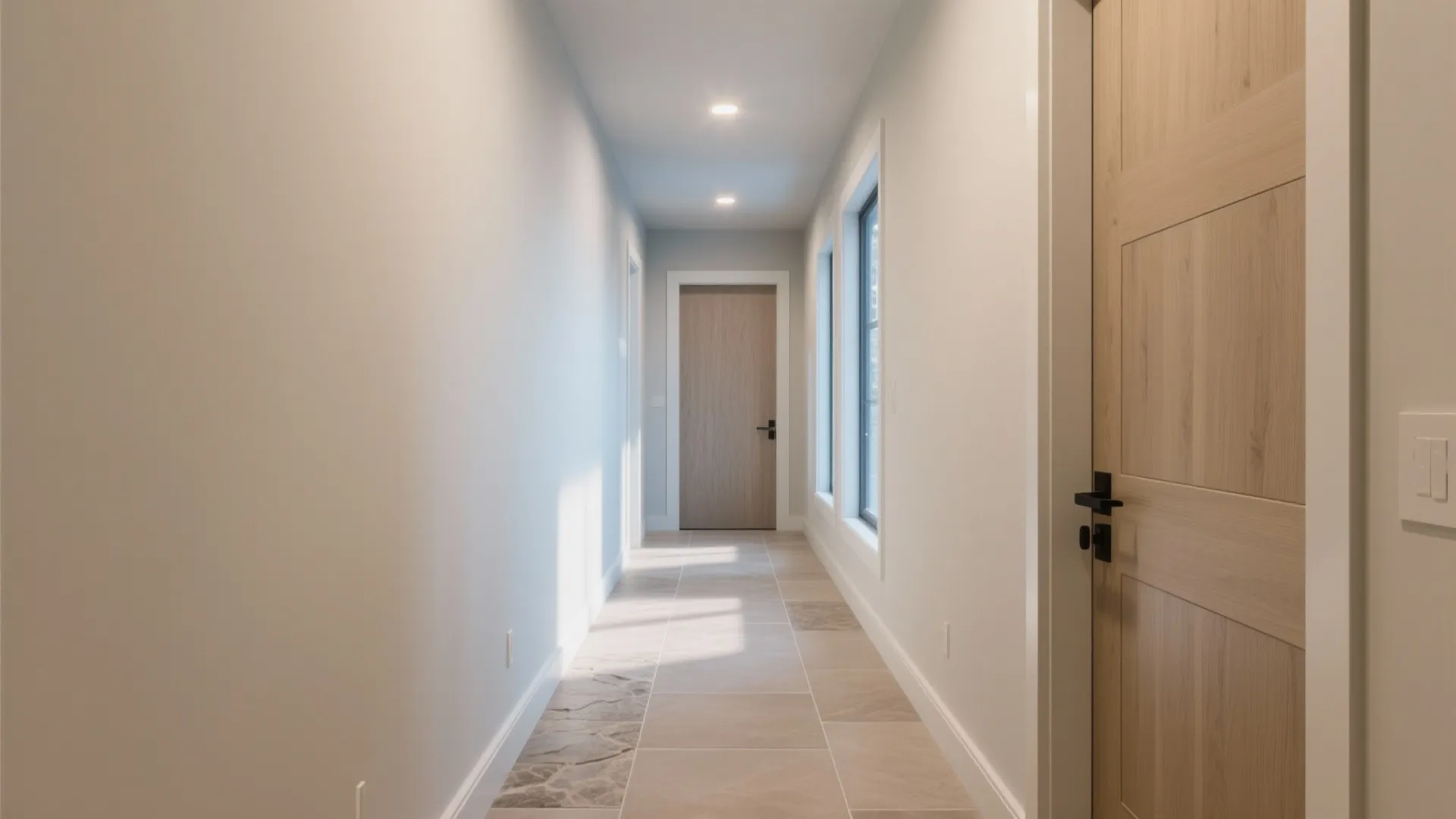 Modern long hallway with white walls beige floor tiles wooden doors ceiling lights and natural windows