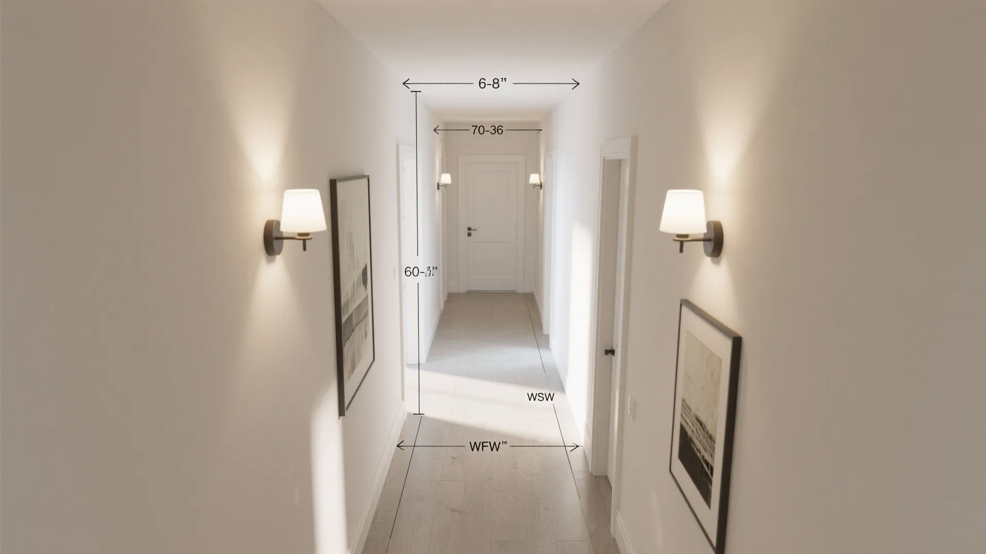 Bright white hallway interior design drawing with wall lights and measured dimensions for room layout planning