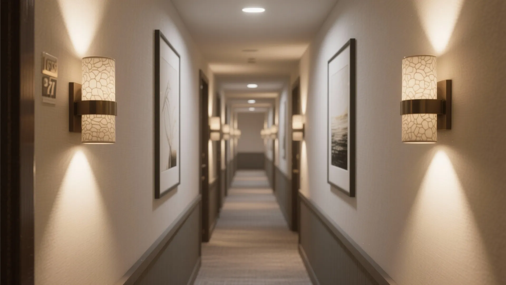 Narrow hallway with ceramic up/down sconces casting soft vertical beams that elongate the walls.