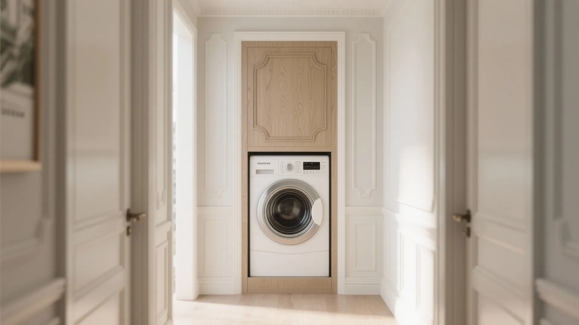 Laundry chute hidden behind decorative hallway wall panel