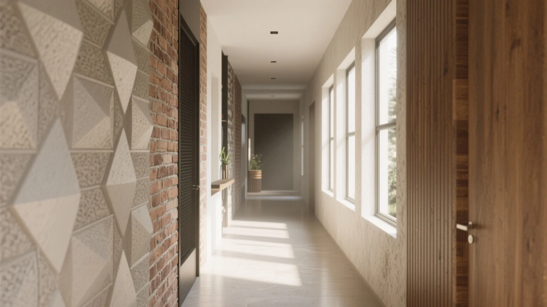 Modern long hallway with brick wall and textured grey wall panels plus large bright windows