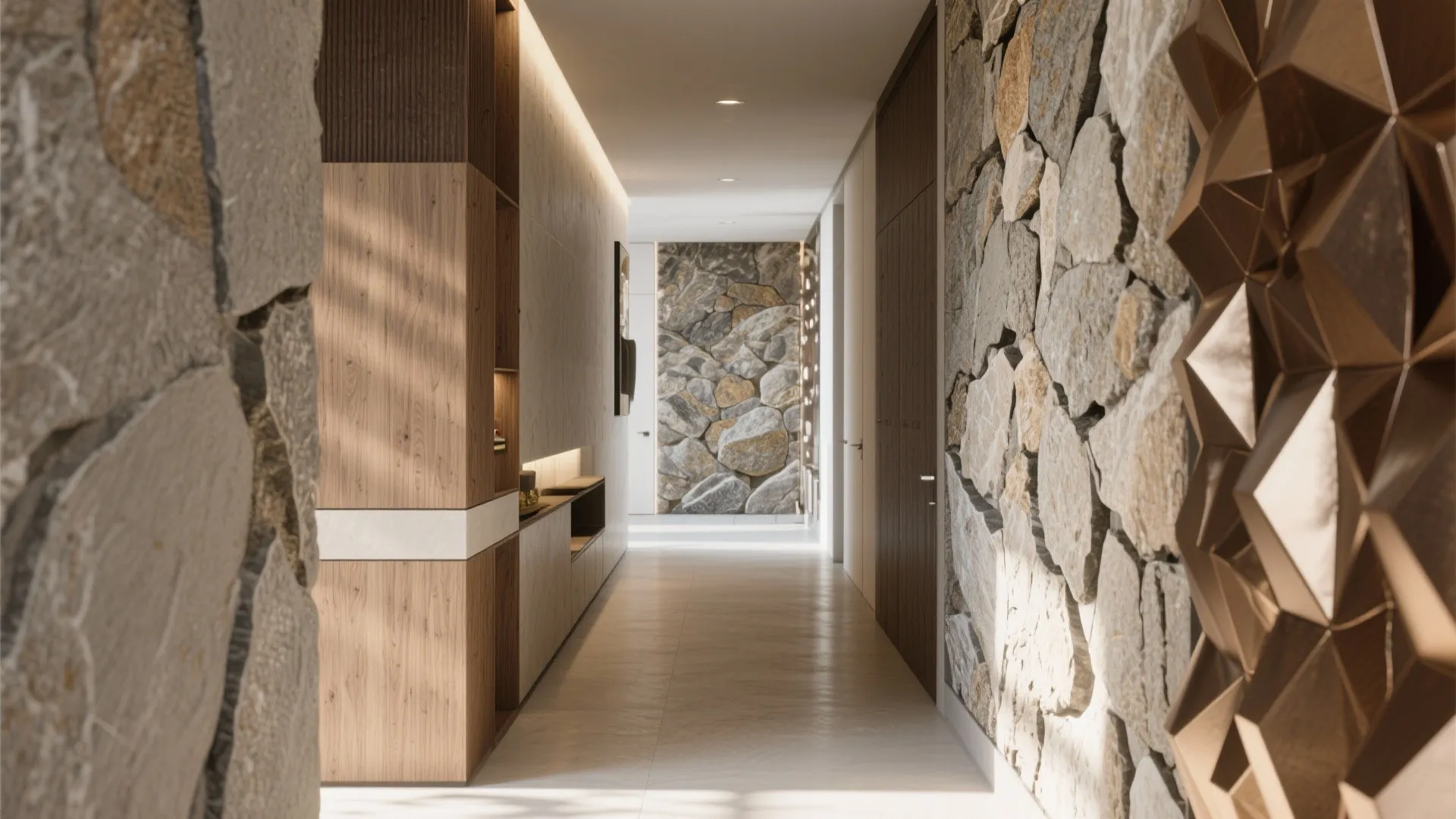 Bright hallway with natural stone walls and light wood cabinets under soft warm ceiling light
