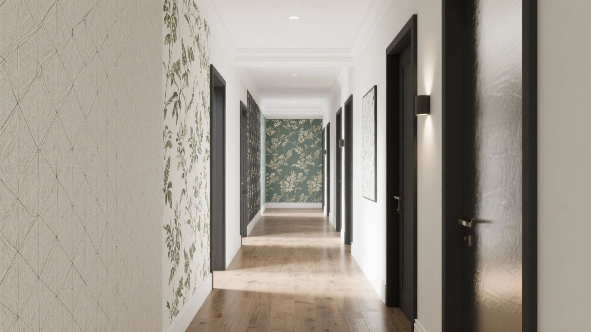 Bright modern hallway with green leaf pattern wallpaper white walls black doors and light wood flooring