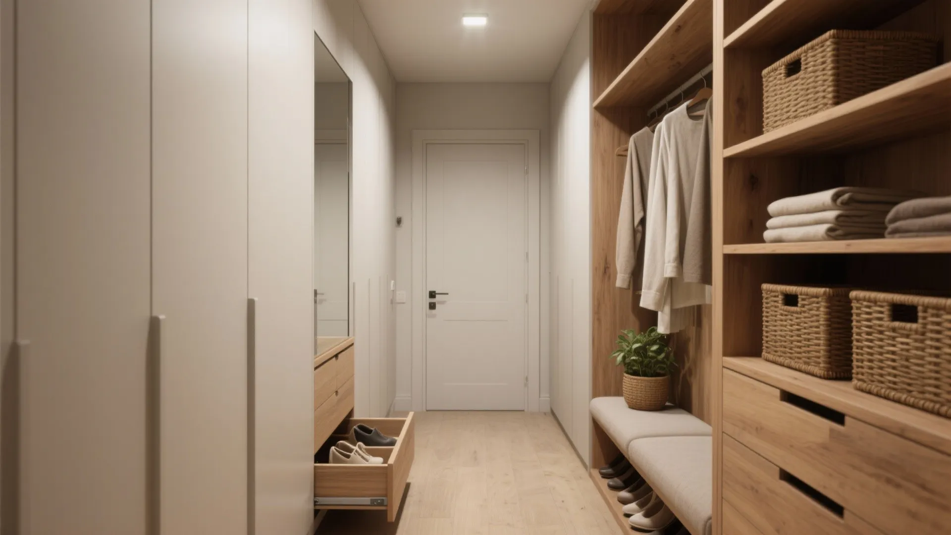 Modern narrow hallway with white cabinets wooden open shelves small bench and built-in ceiling light