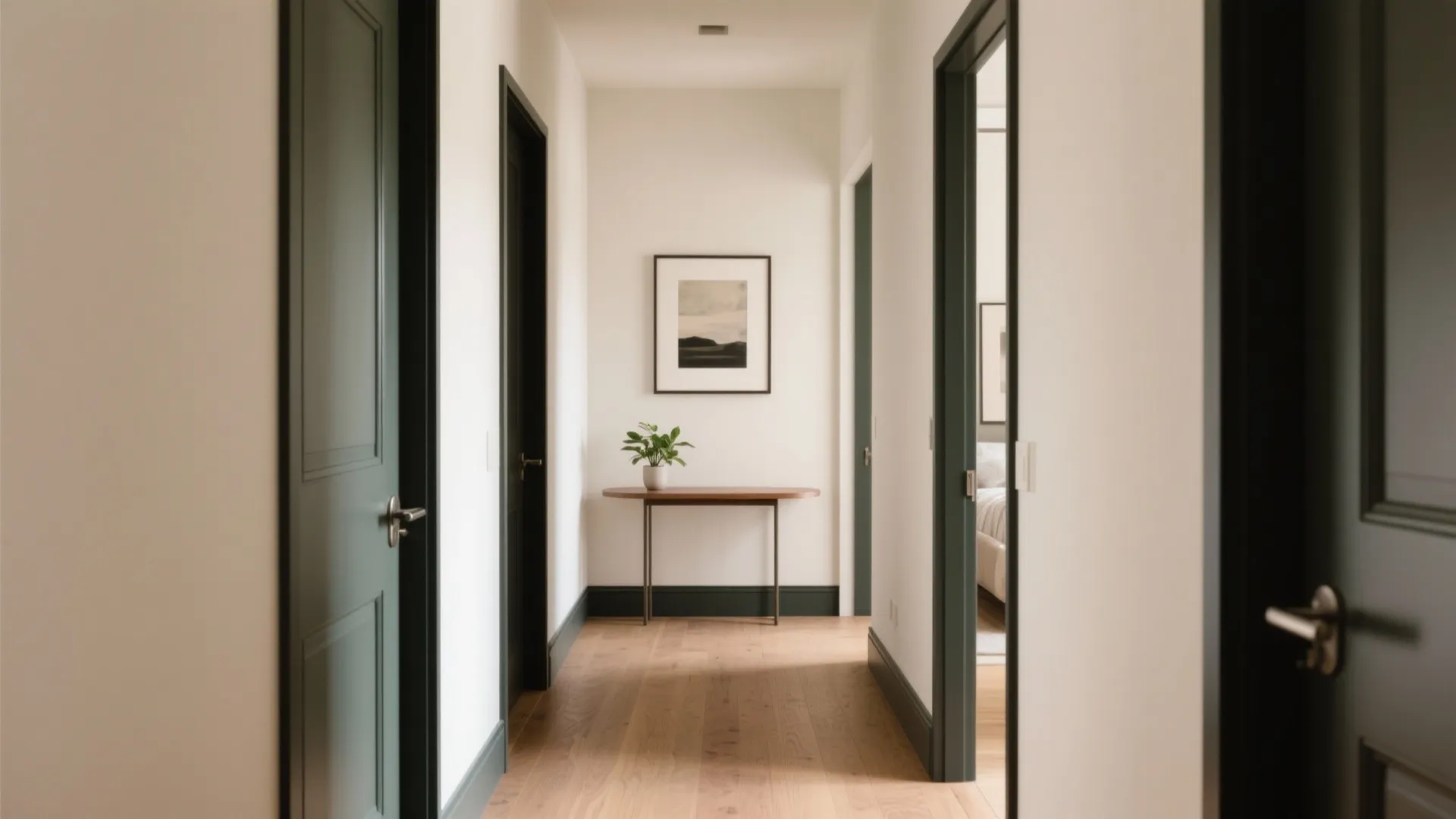 Bright hallway featuring dark green doors wooden floors a small table plant and framed art