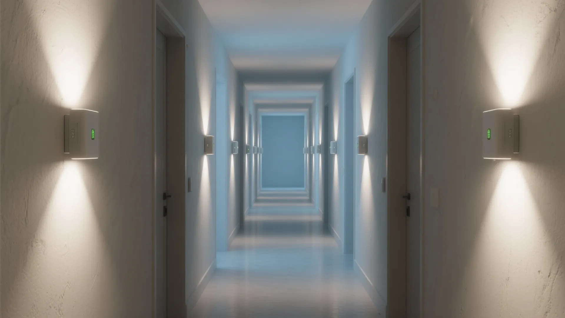 Narrow hallway with evenly spaced rechargeable wall lights providing consistent soft illumination.
