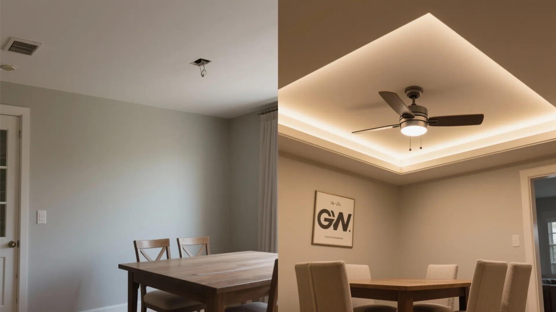 Before and after comparison showing a bare ceiling transformed with a glowing tray ceiling light