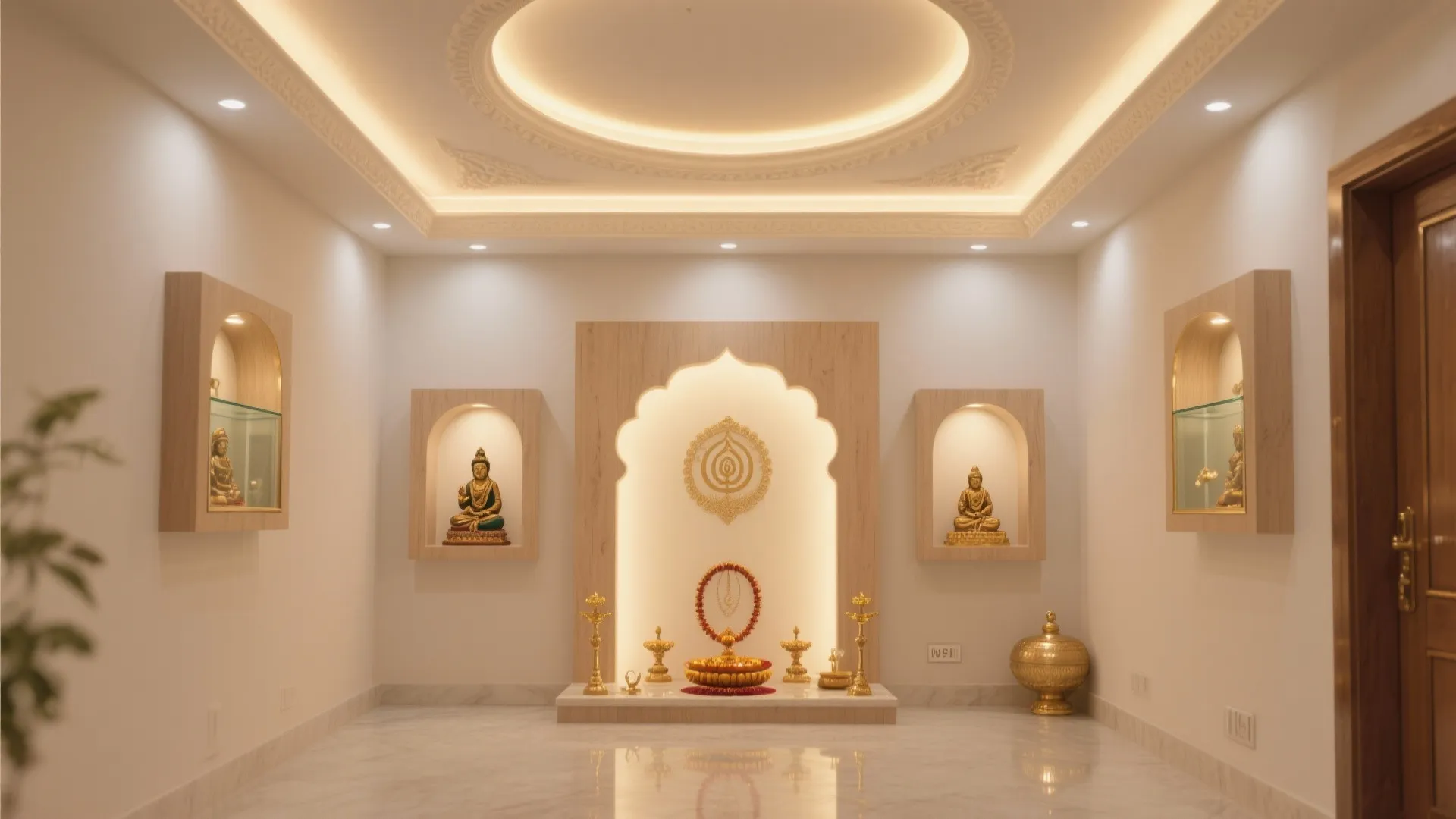 Elegant white room featuring three wall niches with golden statues and a round ceiling light