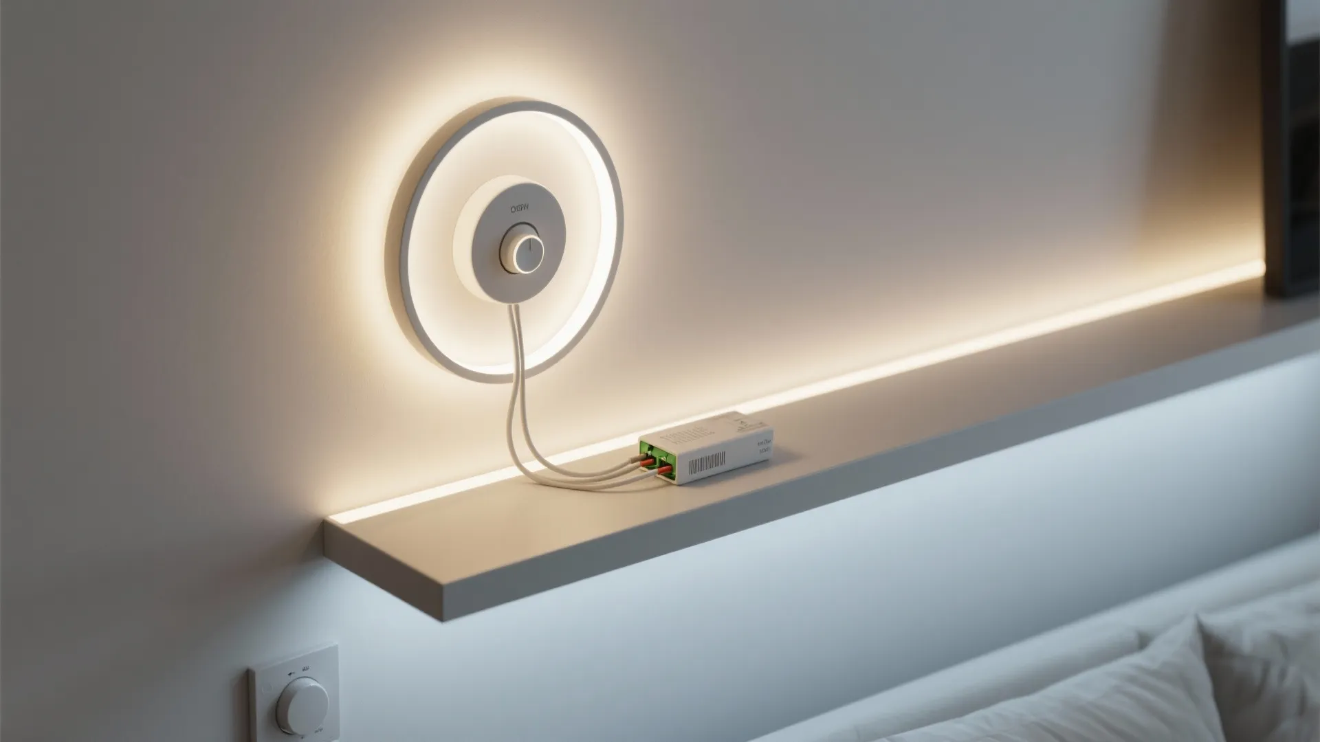 Top-down view of a slim halo moon fixture with dimmer wiring and driver placement behind a shelf.