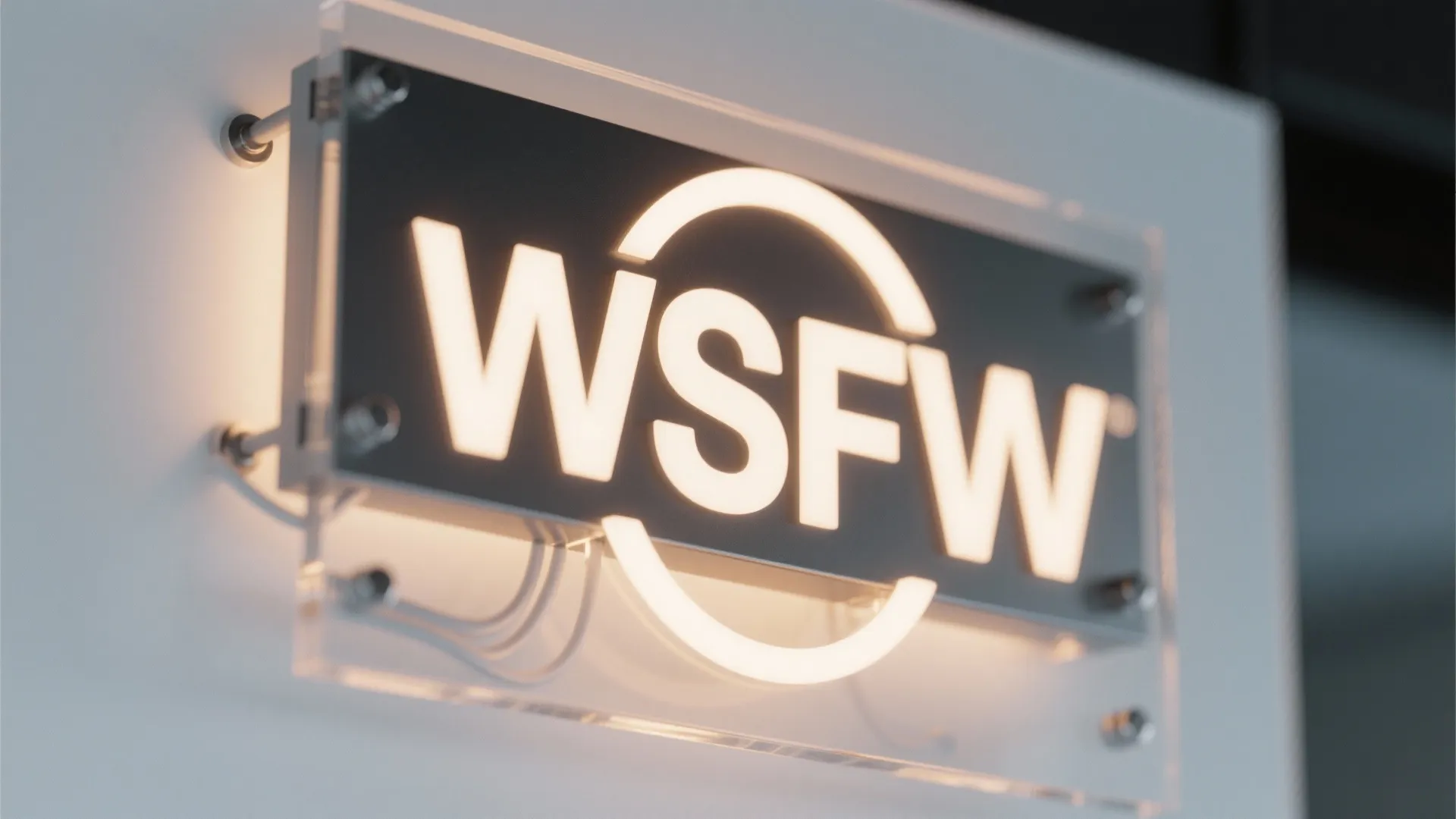 Illuminated wall light sign with white glowing letters inside clear frame mounted on white wall