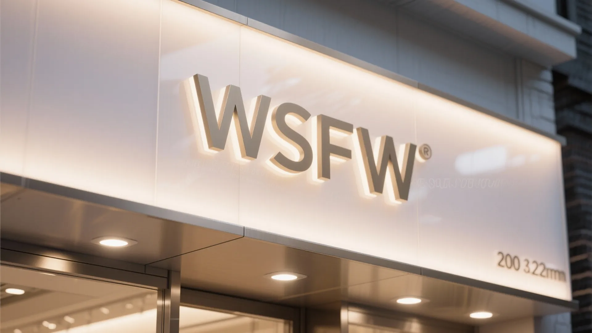 Backlit letters on white store sign with warm ceiling lights and modern building exterior design