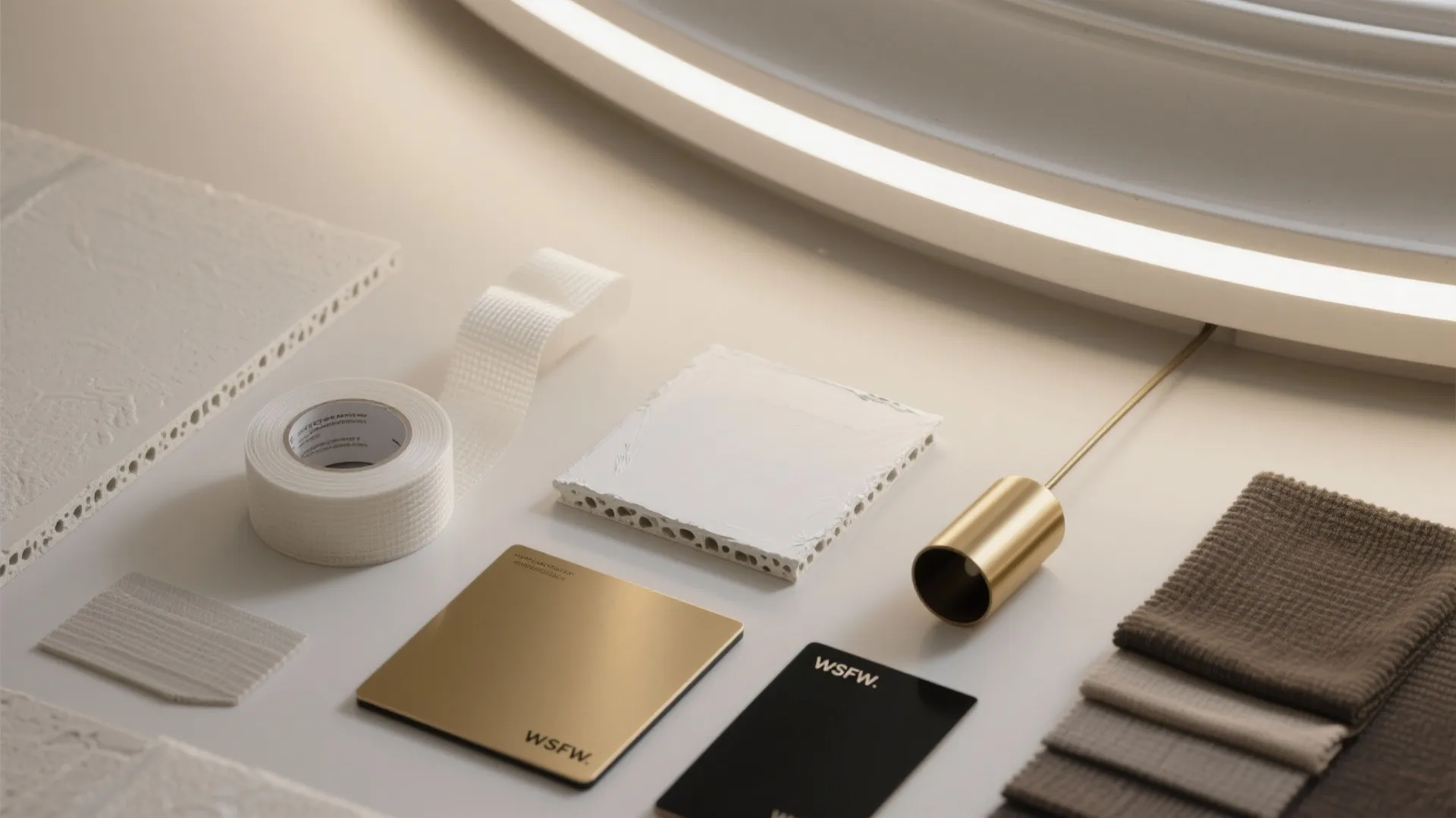 Flat lay of flexible gypsum, LED diffuser, matte paint chips, tapes, and pendant finishes for a halo ceiling.