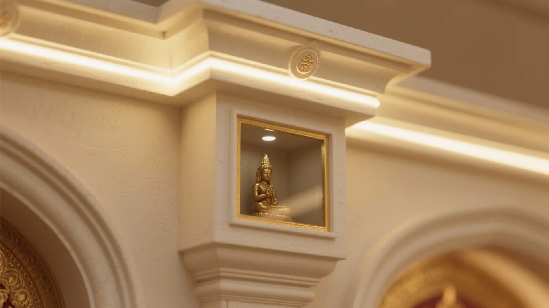 Small gold statue displayed inside a square wall niche with warm integrated light fixture lighting