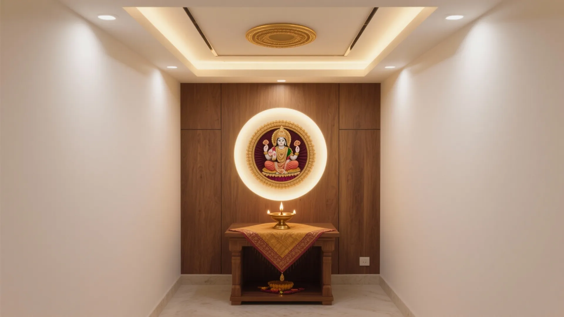 Small prayer space with wood wall panel, glowing circle light, small table, and white walls