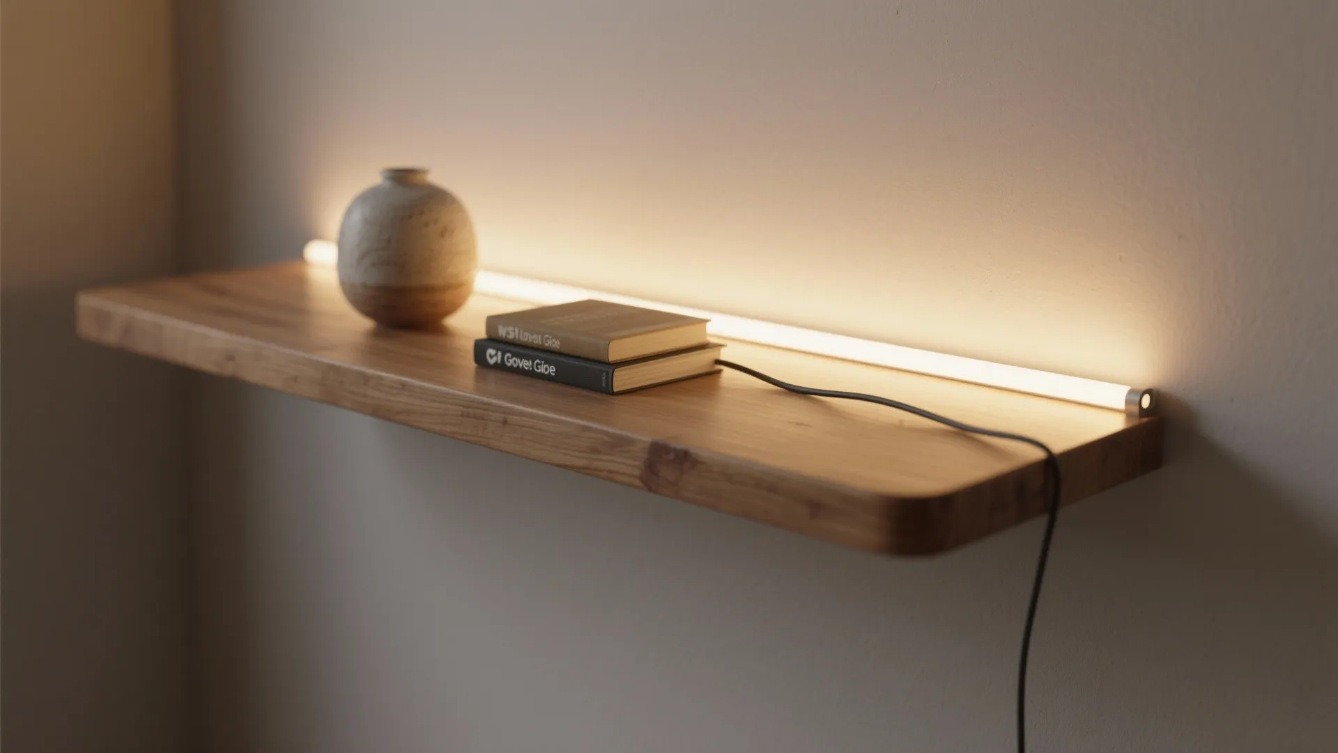 Floating wooden shelf with hidden halo backlight from a Govee Glide strip and neatly concealed cable channel.