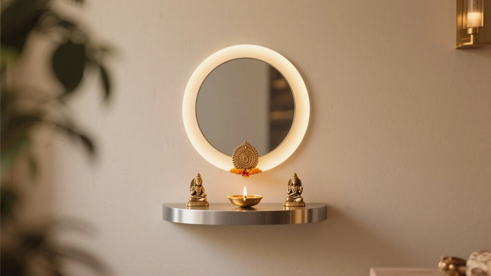 Minimalist floating pooja shelf with circular CNC halo backing and integrated diya ledge.