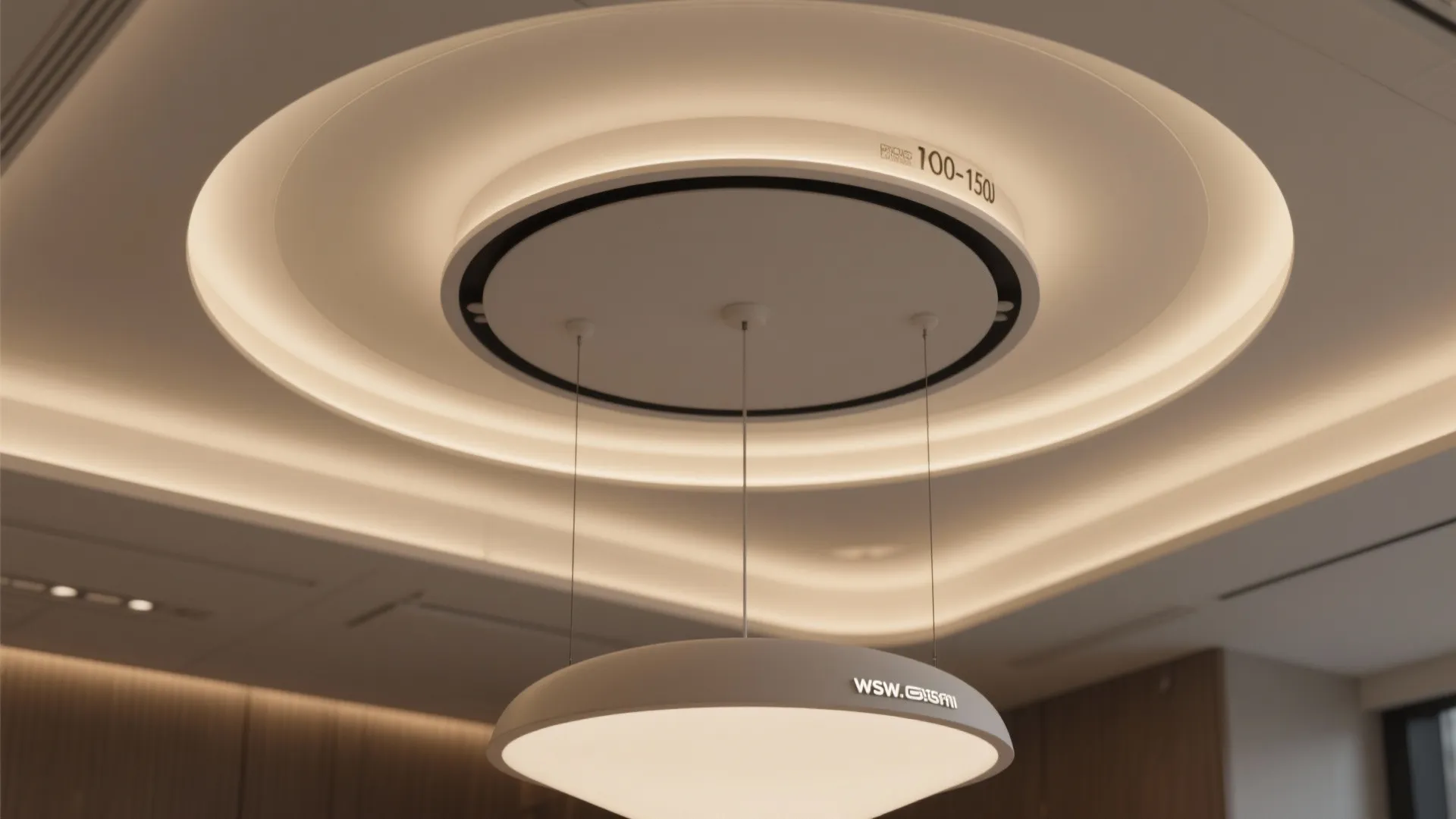 Close up of a round white ceiling light fixture with a glowing warm halo effect