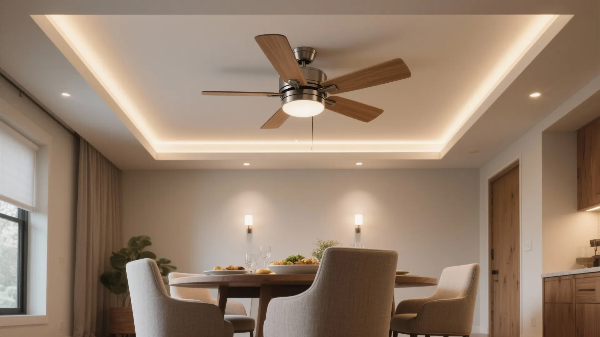 Modern dining room with wooden table grey chairs and ceiling fan with built in light