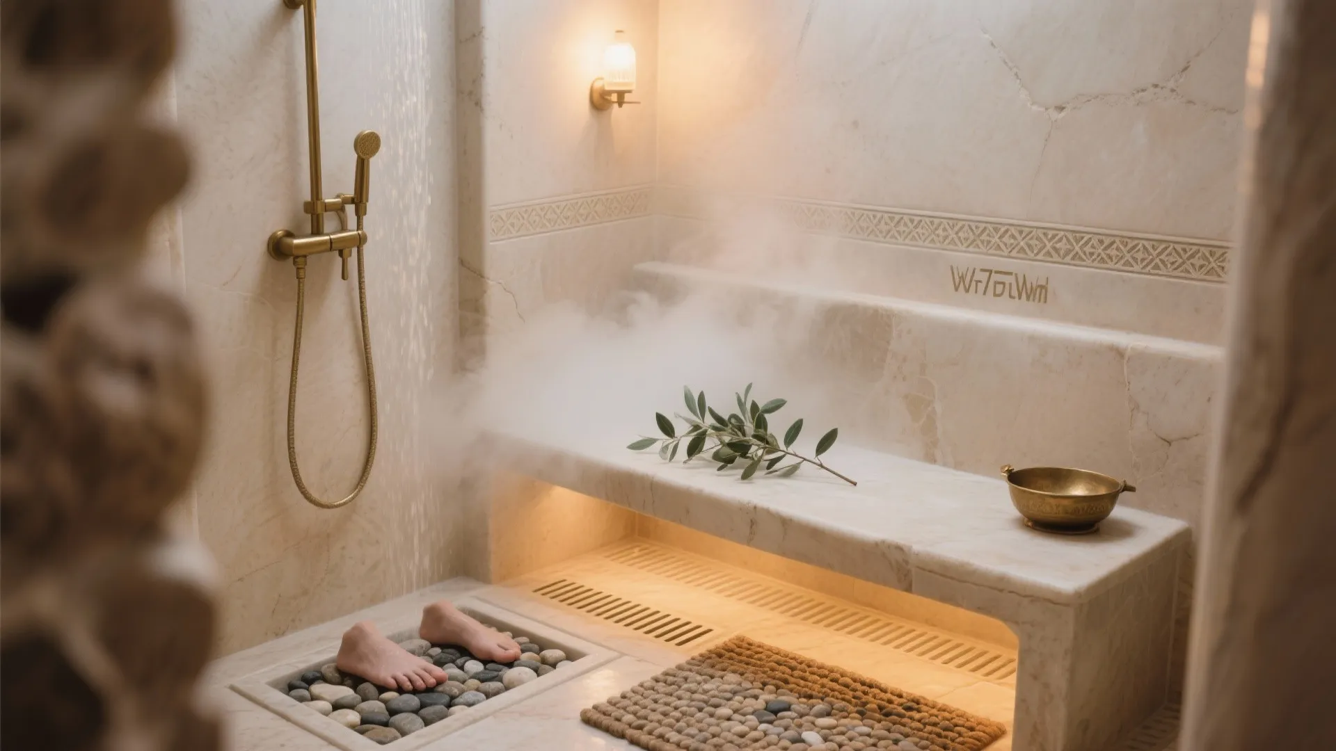 5) A tiny hammam moment: bench, steam, and scent