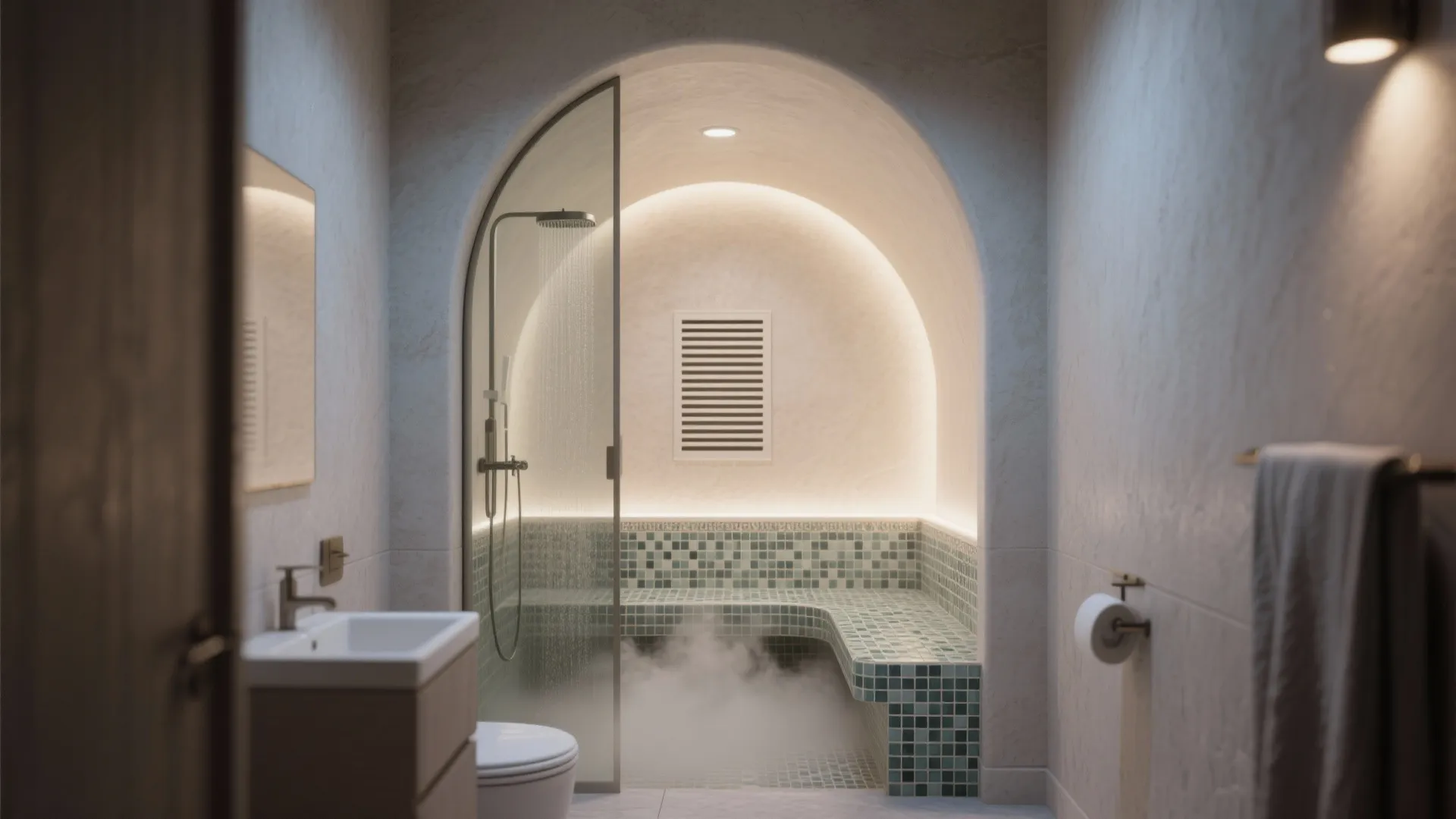 Modern steam room with arched ceiling green tiles shower head white sink and warm hidden lighting