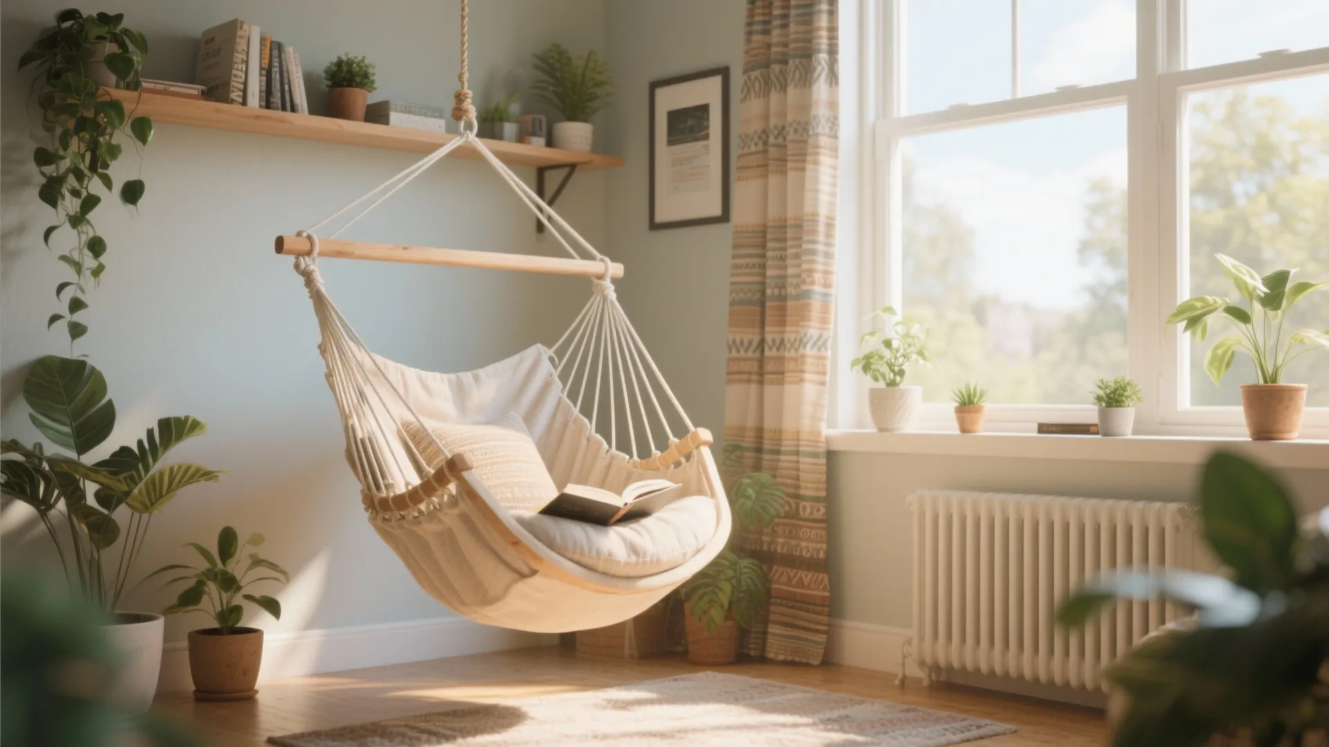 Hanging hammock chair in a sunny dorm window nook with plants