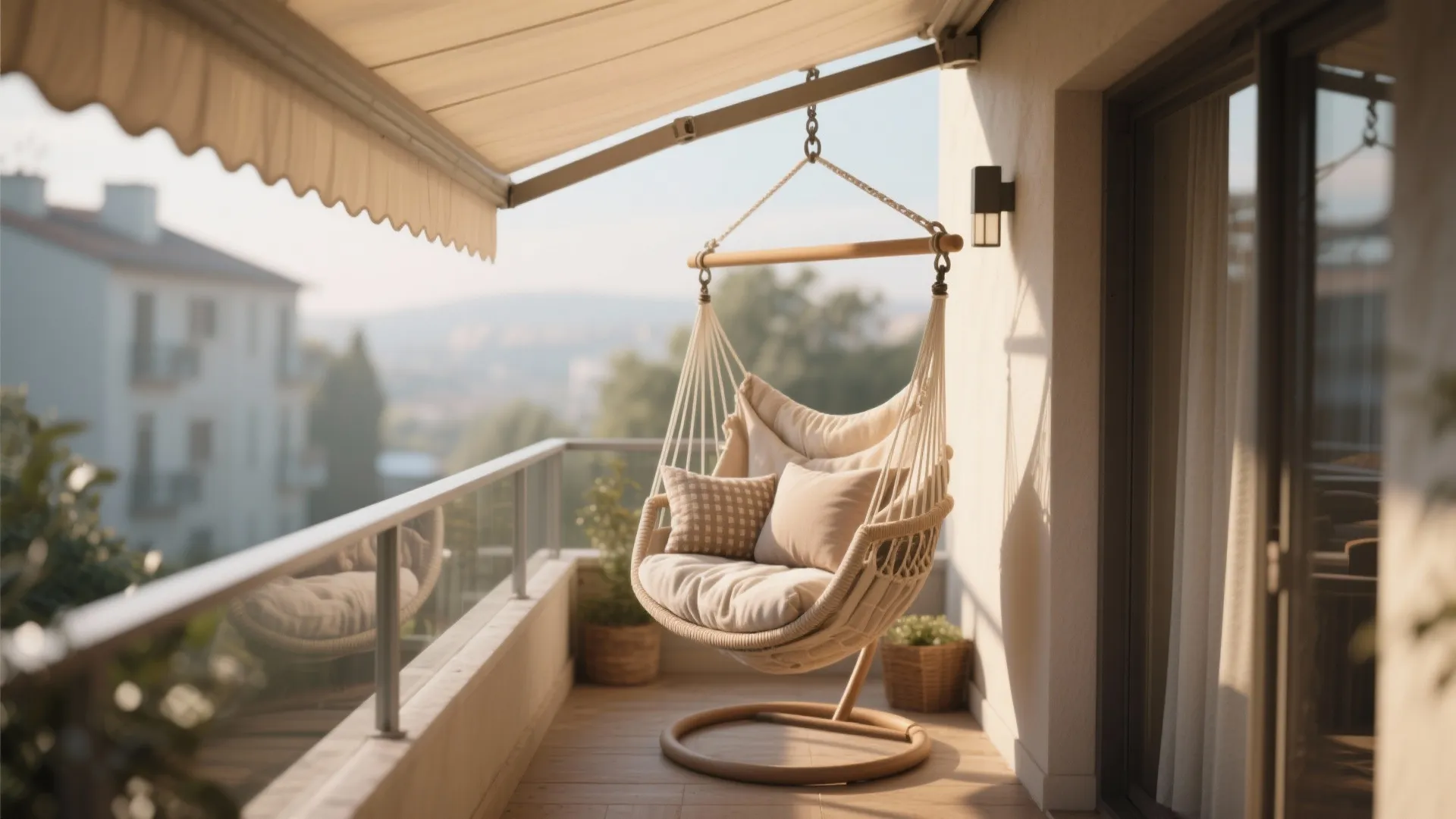 Cozy hammock chair hanging on a small covered balcony, with cushions and a soft canopy.