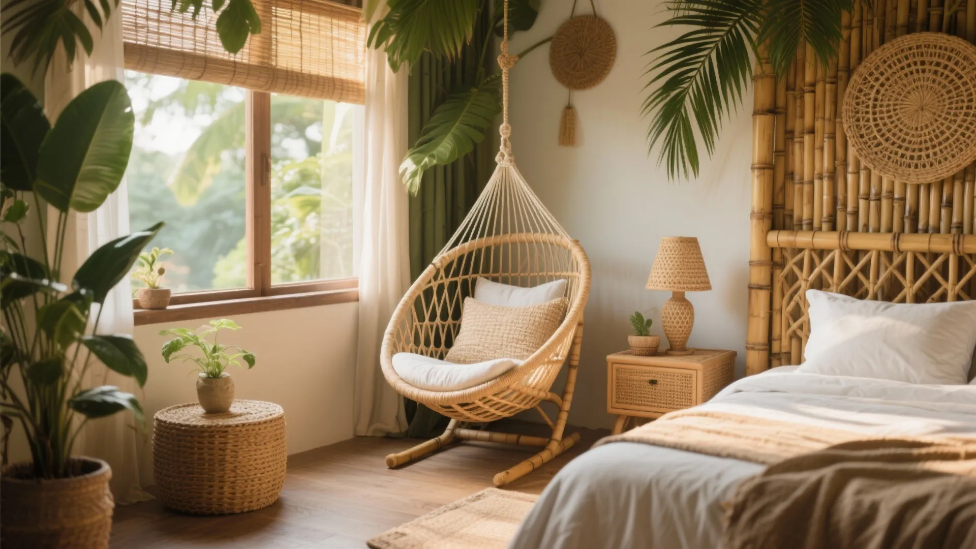 Tropical bedroom featuring woven hanging chair beside bamboo bed frame with green plants and sunlight