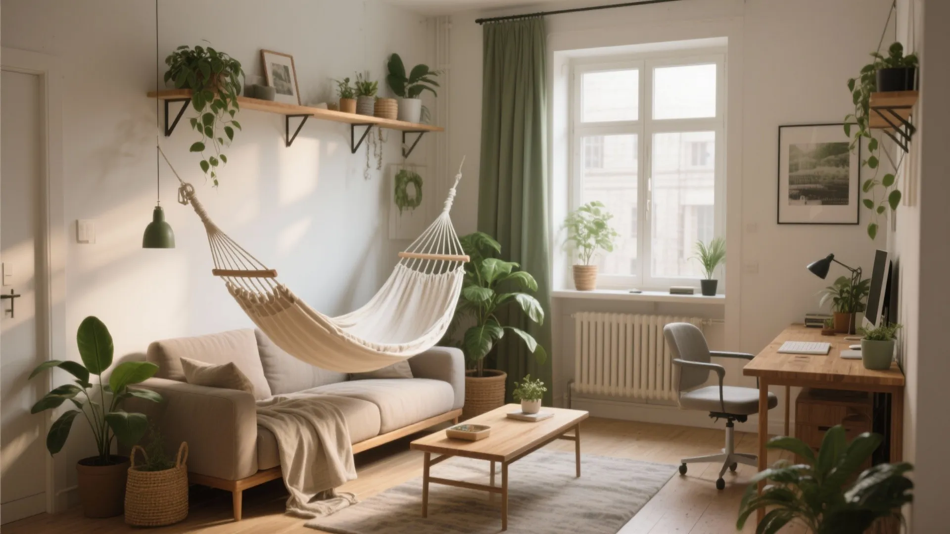 Cozy living room with white hammock beige sofa many green plants and a wooden desk
