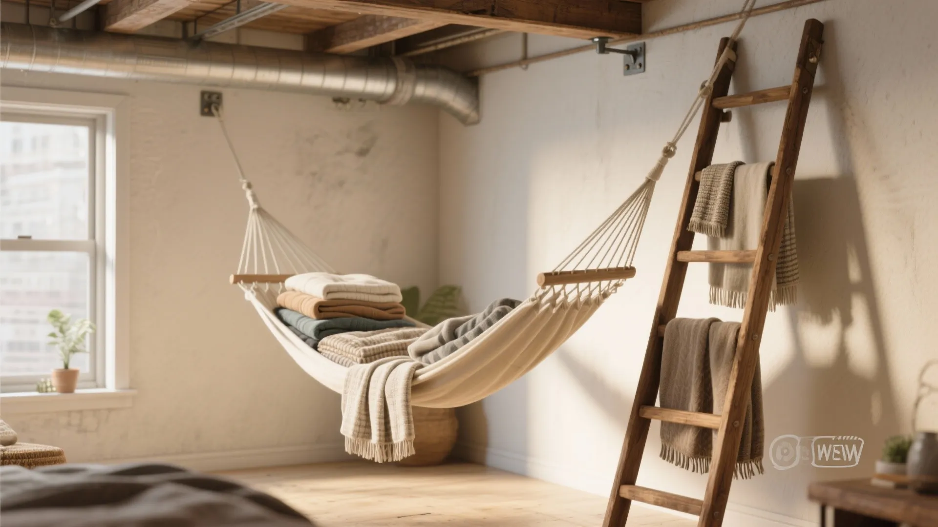 Indoor white hammock holding folded blankets next to wooden ladder used as a towel rack