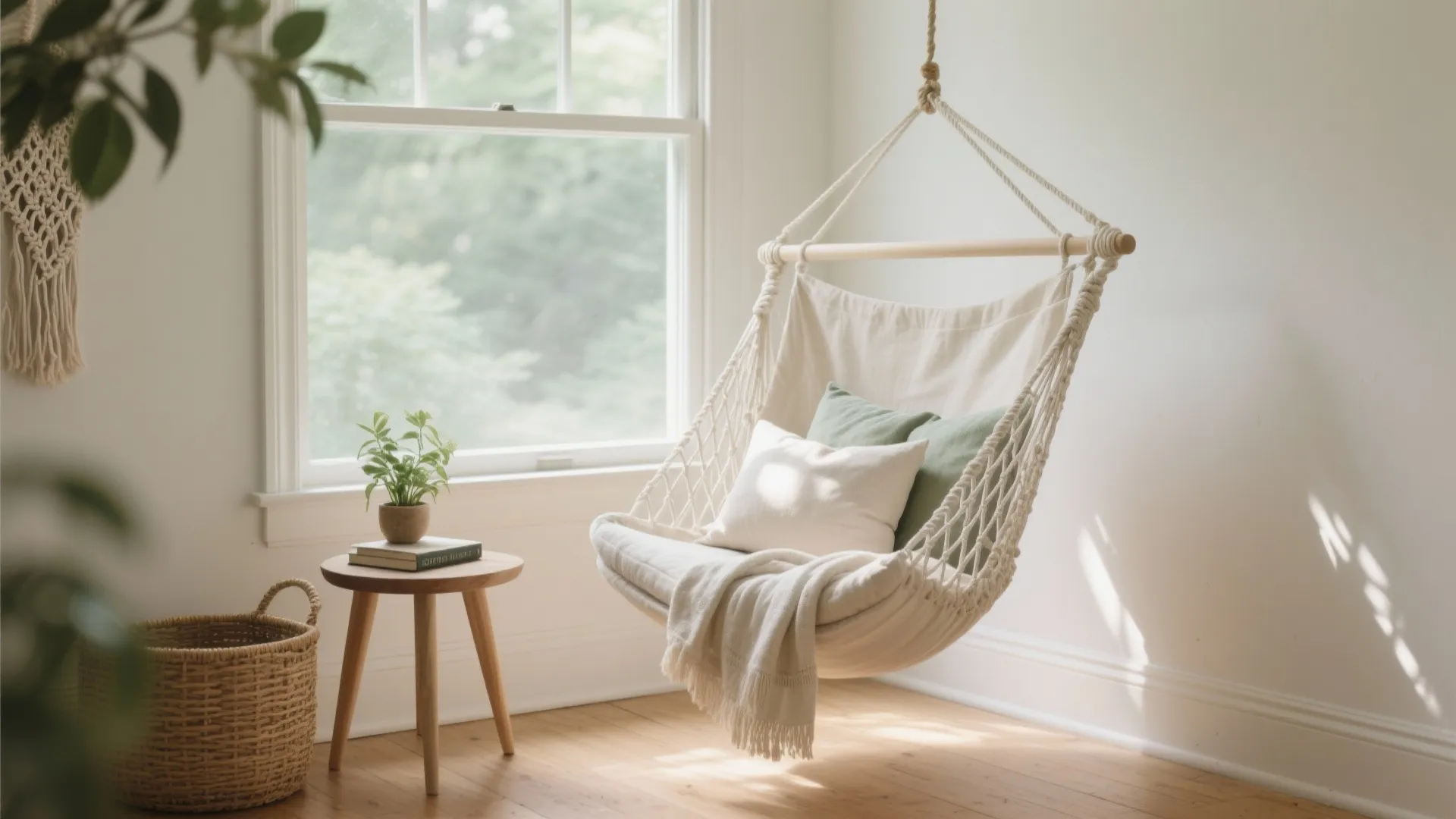 White indoor hanging chair with pillows near a window with side table and woven basket