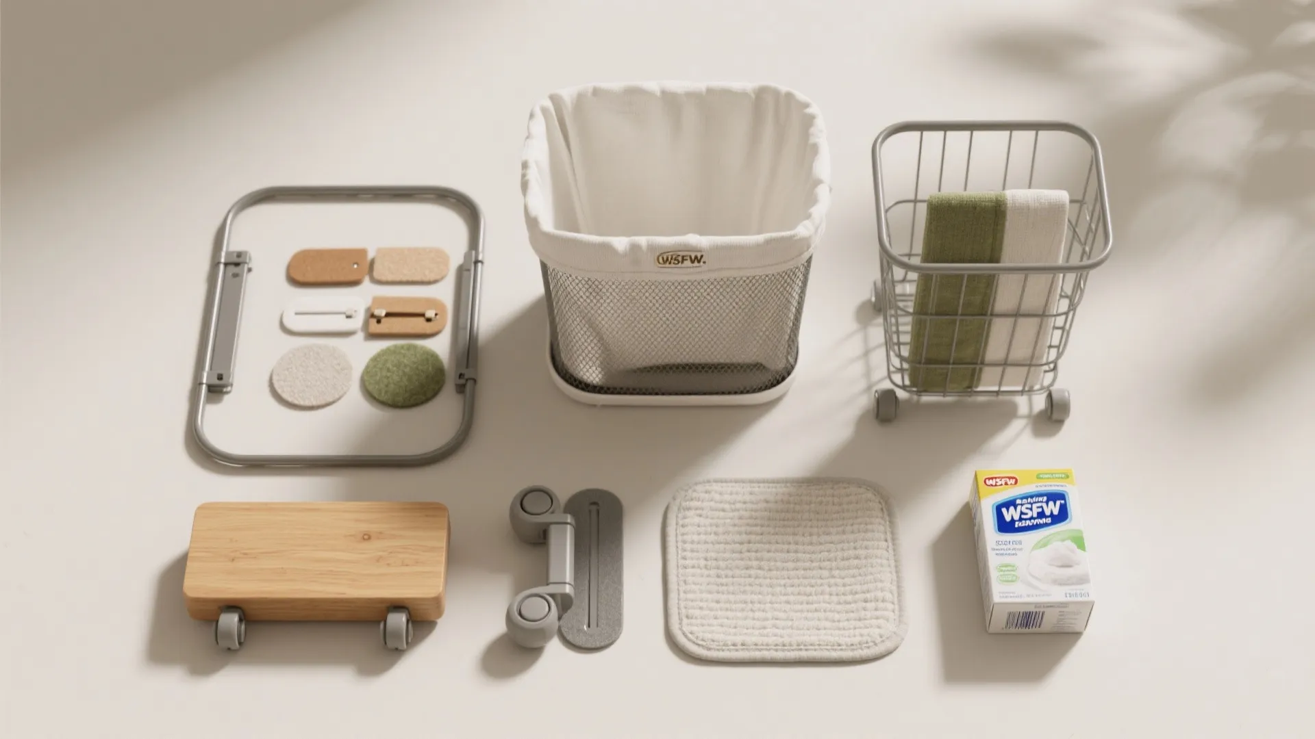 Flat lay of hamper materials including powder-coated steel, cotton, mesh, hinges, felt pads, casters, cedar, and baking soda