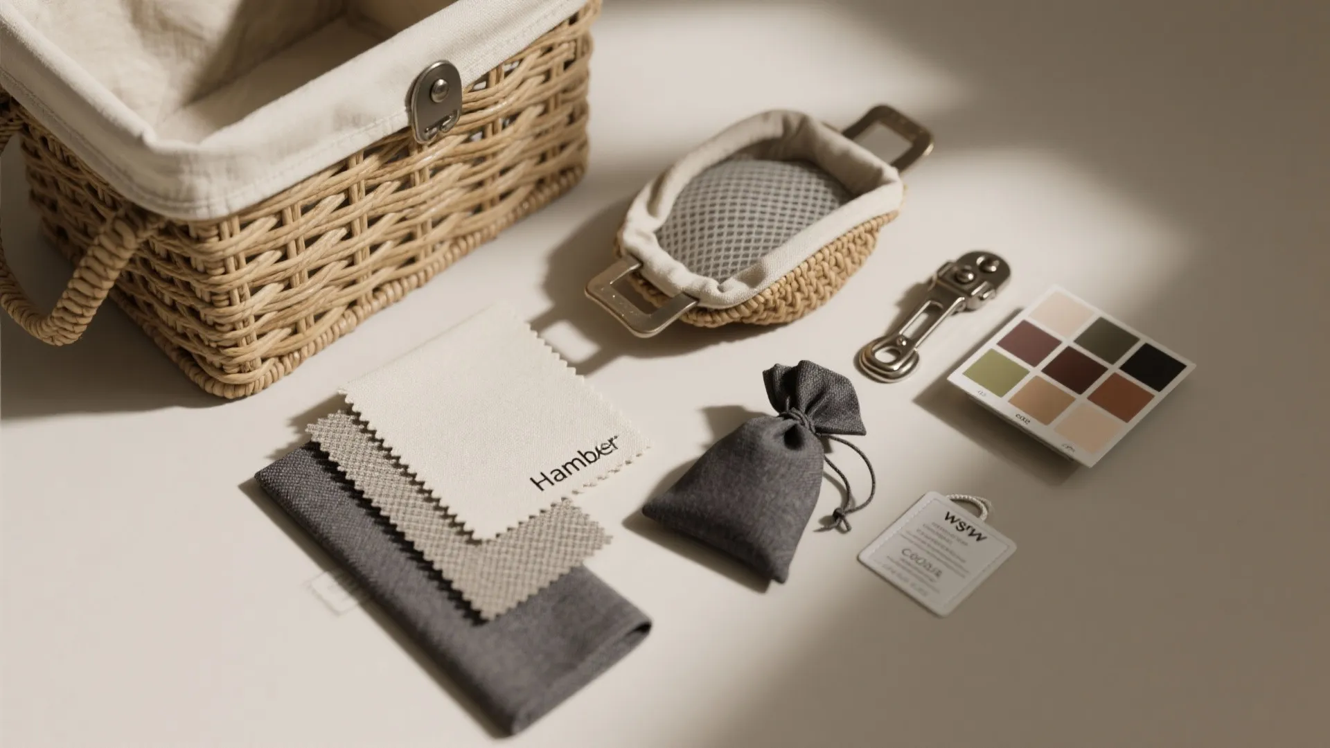 Collection of fabric swatches woven basket color palette and hardware parts for custom home storage