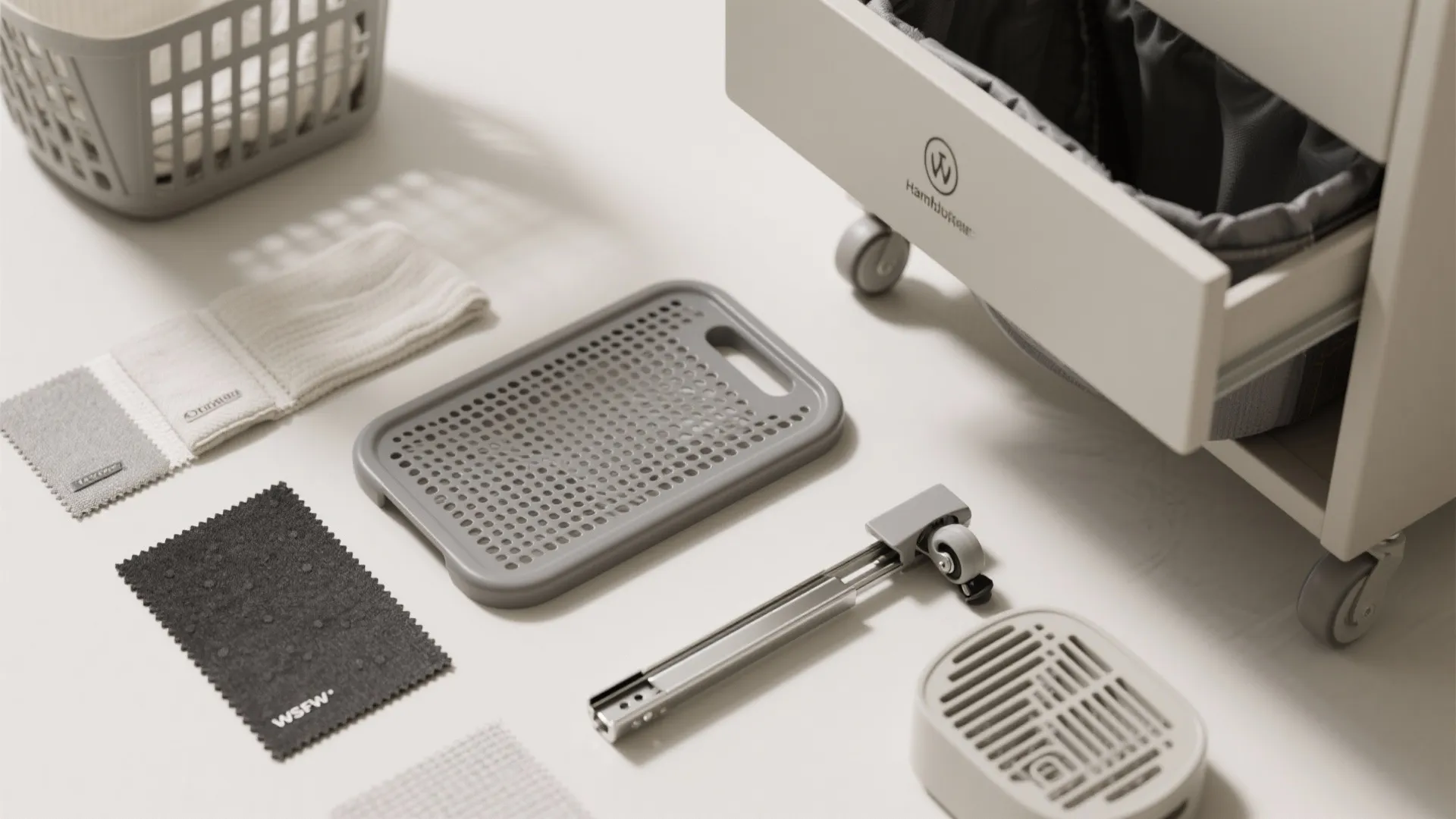 Top-down flatlay of hamper material swatches: cotton, polyester, charcoal liner, perforated bin, and hardware samples.