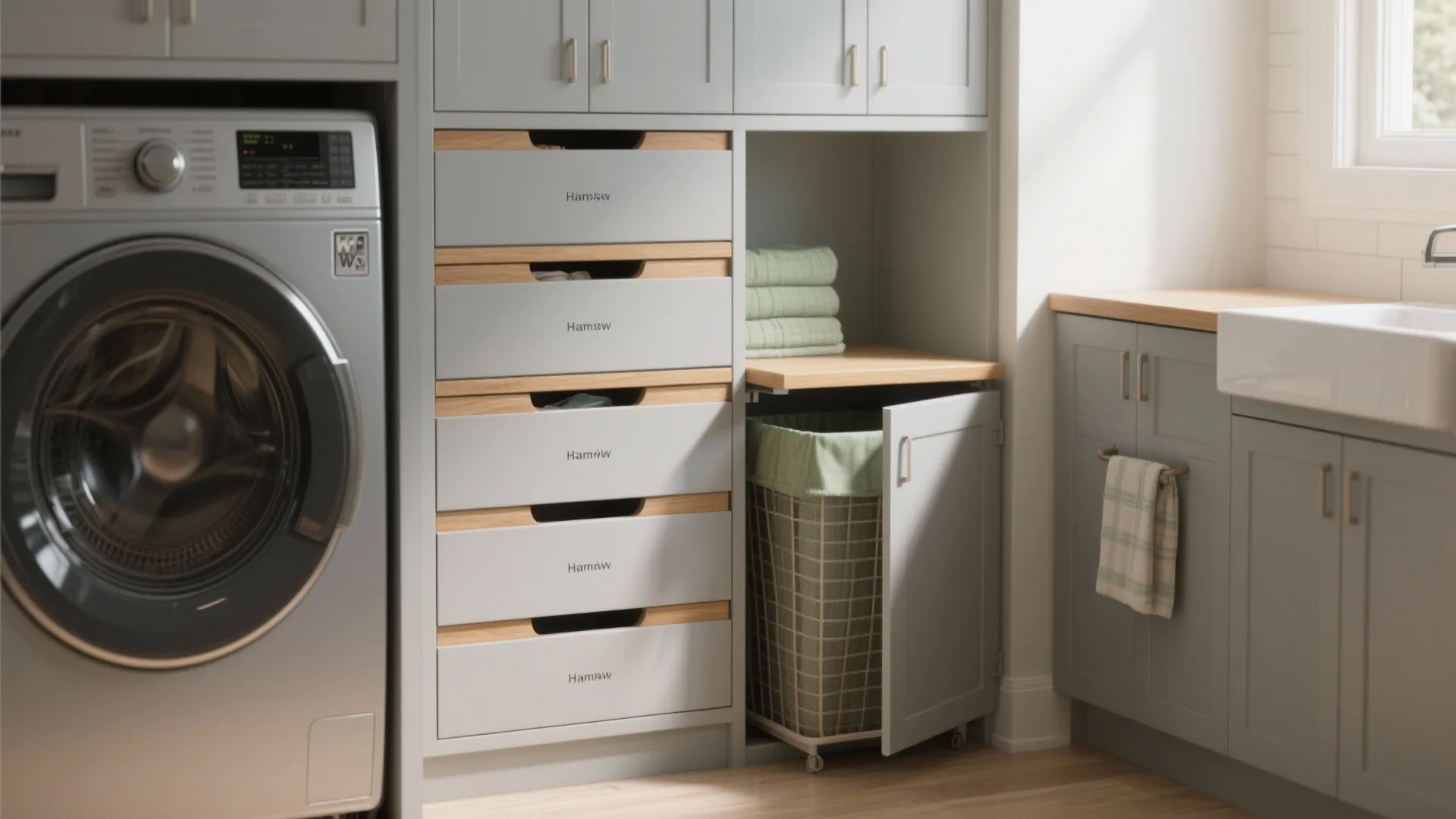 4. Integrated hamper tower and folding nook