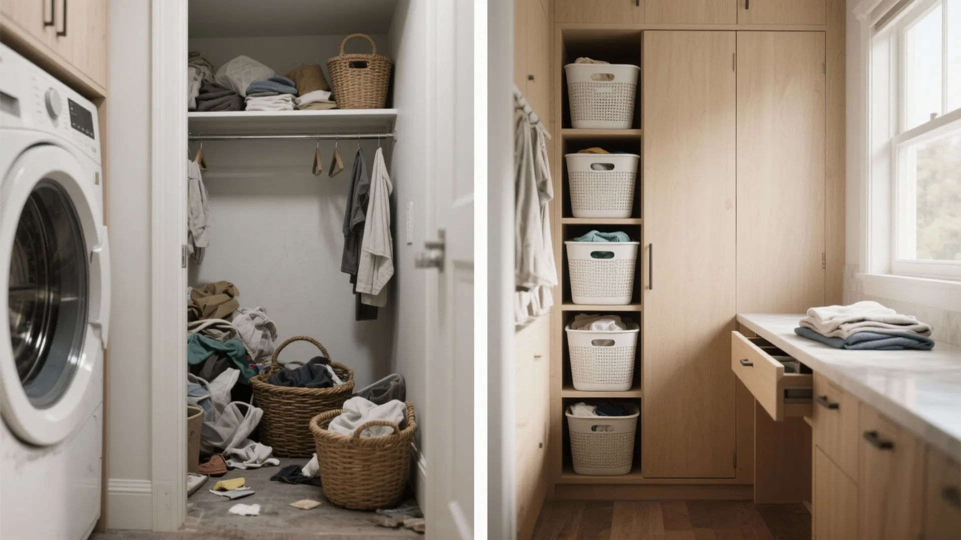 Before and after comparison of a messy laundry room versus an organized wooden cabinet storage