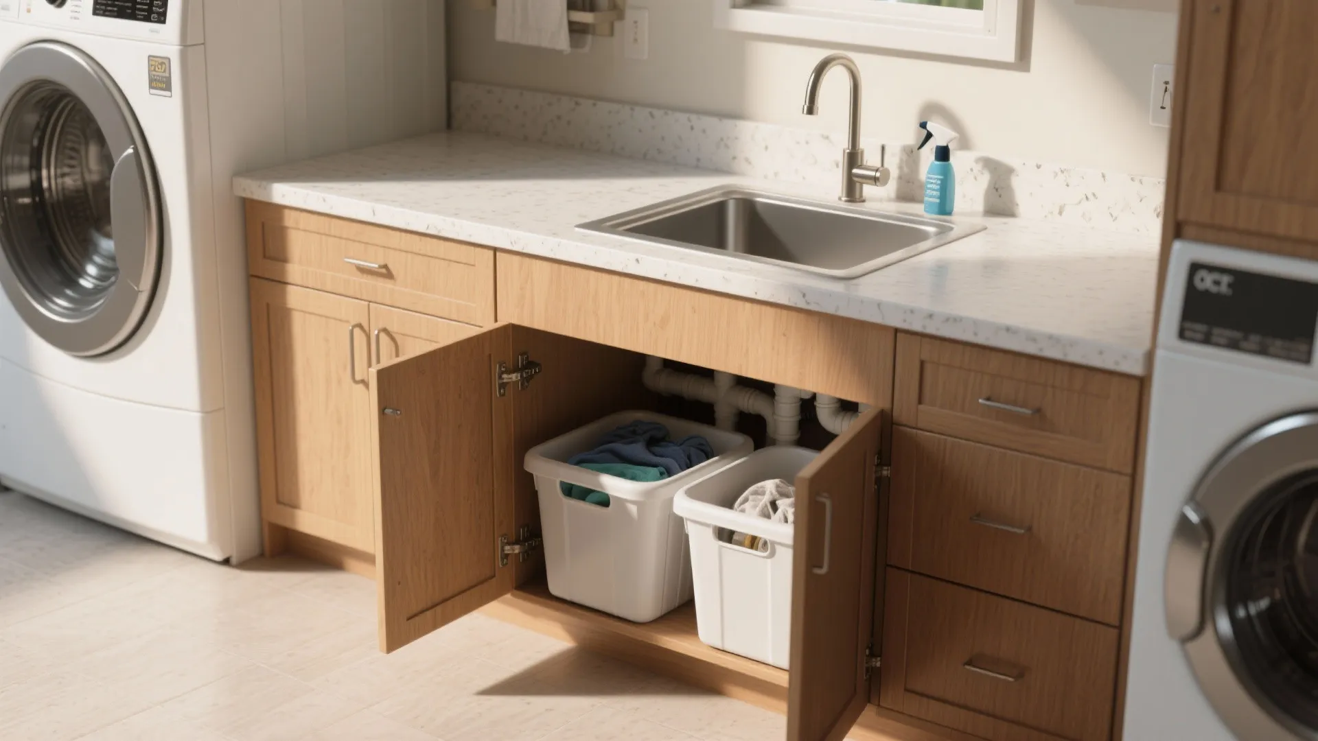 4. Counter with Built-In Hampers and Sink