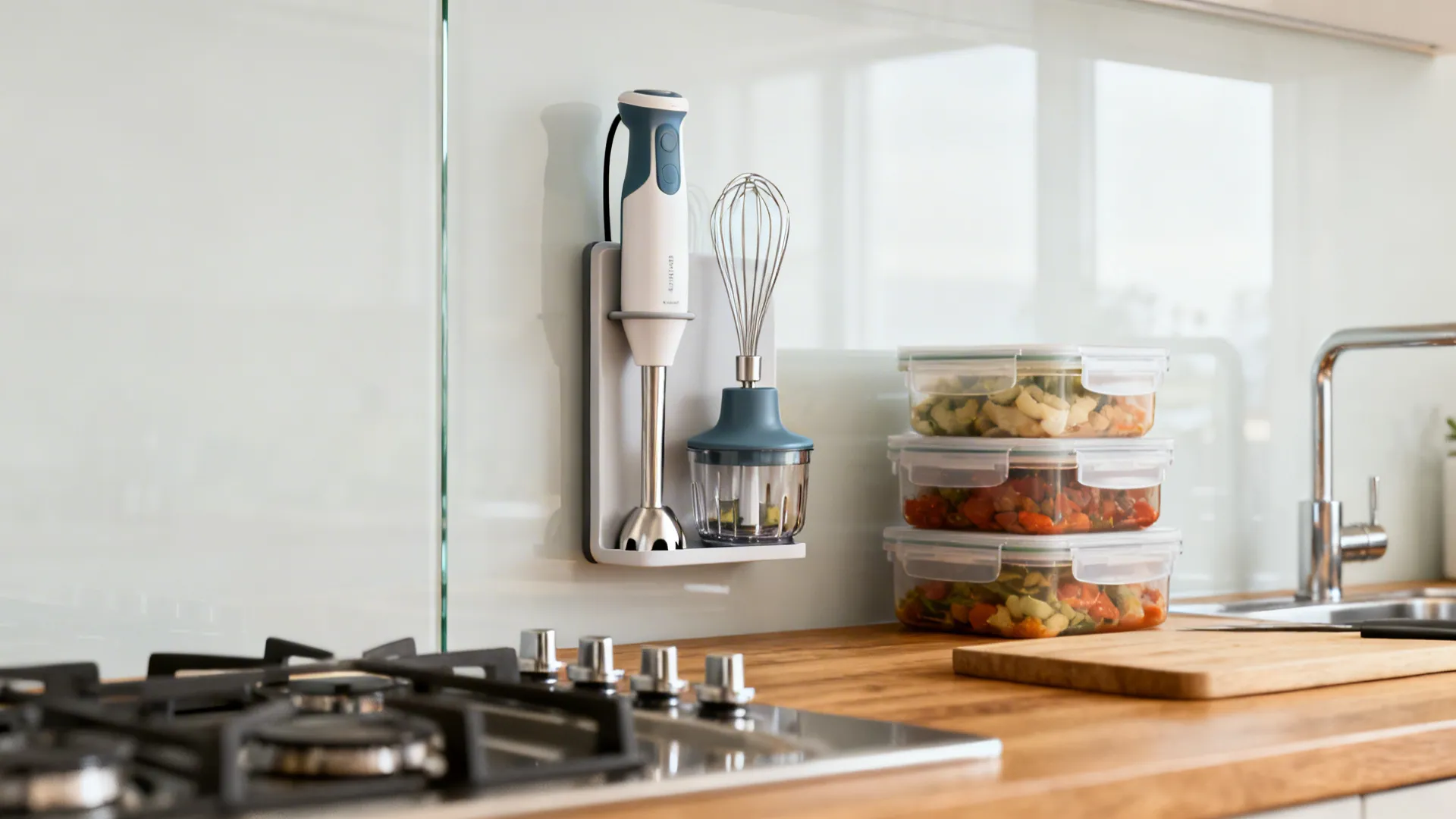 White hand blender and whisk mounted on wall above wood kitchen counter with food containers